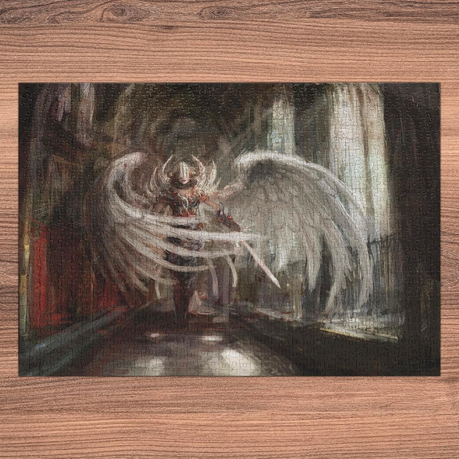 Lunarable Rompecabezas de fantasía, Cyborg Angel Girl Warrior con impresión de ilustración de arquitectura gótica, actividad divertida de calidad de