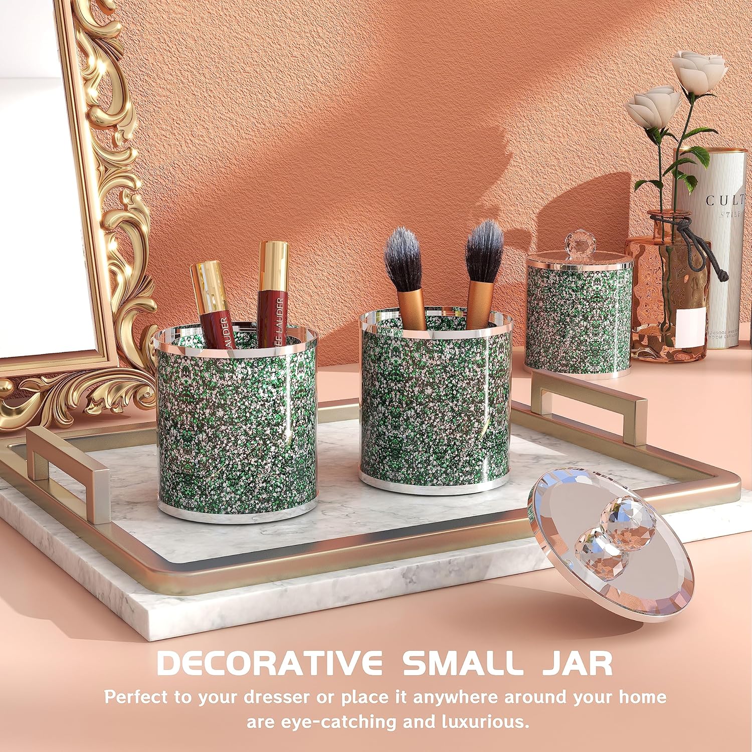 SHYFOY Juego de 3 recipientes de vidrio decorativos, tarros verdes con tapa, diamante triturado, decoración del hogar, contenedor de almacenamiento