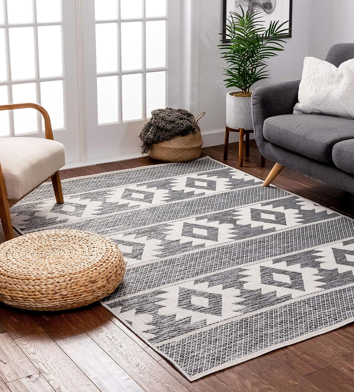 Well Woven Povie – Alfombra gris del suroeste de tejido plano con patrón de medallón de diamante (3 pies 11 pulgadas x 5 pies 3 pulgadas)