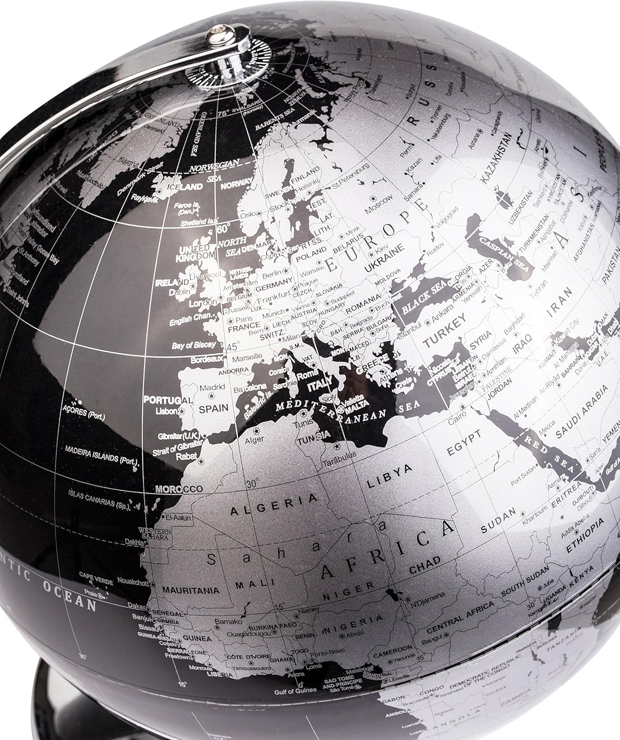 Exerz Globo del mundo de 10 pulgadas, arco y base de acero inoxidable, decoración educativageográficamoderna de escritorio, color negro metálico