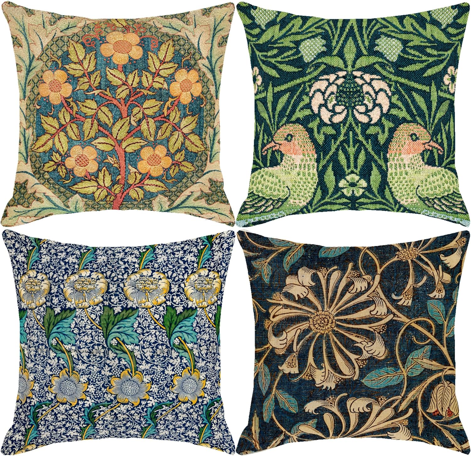 HOSTECCO William Morris – Juego de 4 fundas de almohada de 18.0 x 18.0in, diseño de corona de rosa de madreselva, fundas de cojín cuadradas