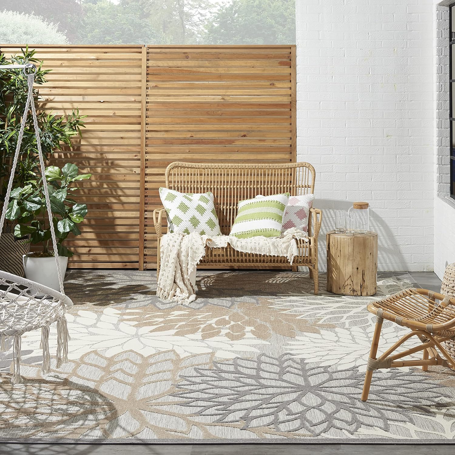 Nourison Aloha Tapete de color natural para interior o exterior, 10 x 14 pies, tropical, botánico, fácil de limpiar, no desprende pelo, para