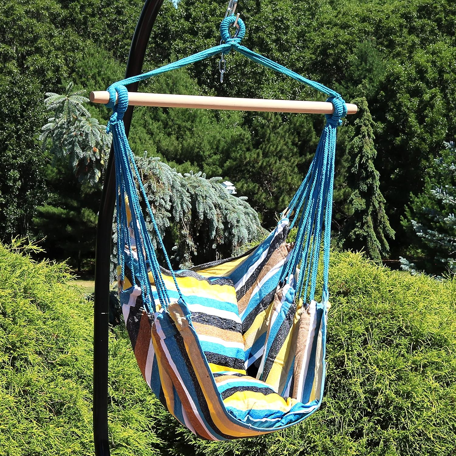 Silla hamaca columpio colgante Sunnydaze, para uso exterior o interior, peso máximo 265libras, incluye 2asientos almohadones de múltiples opciones,