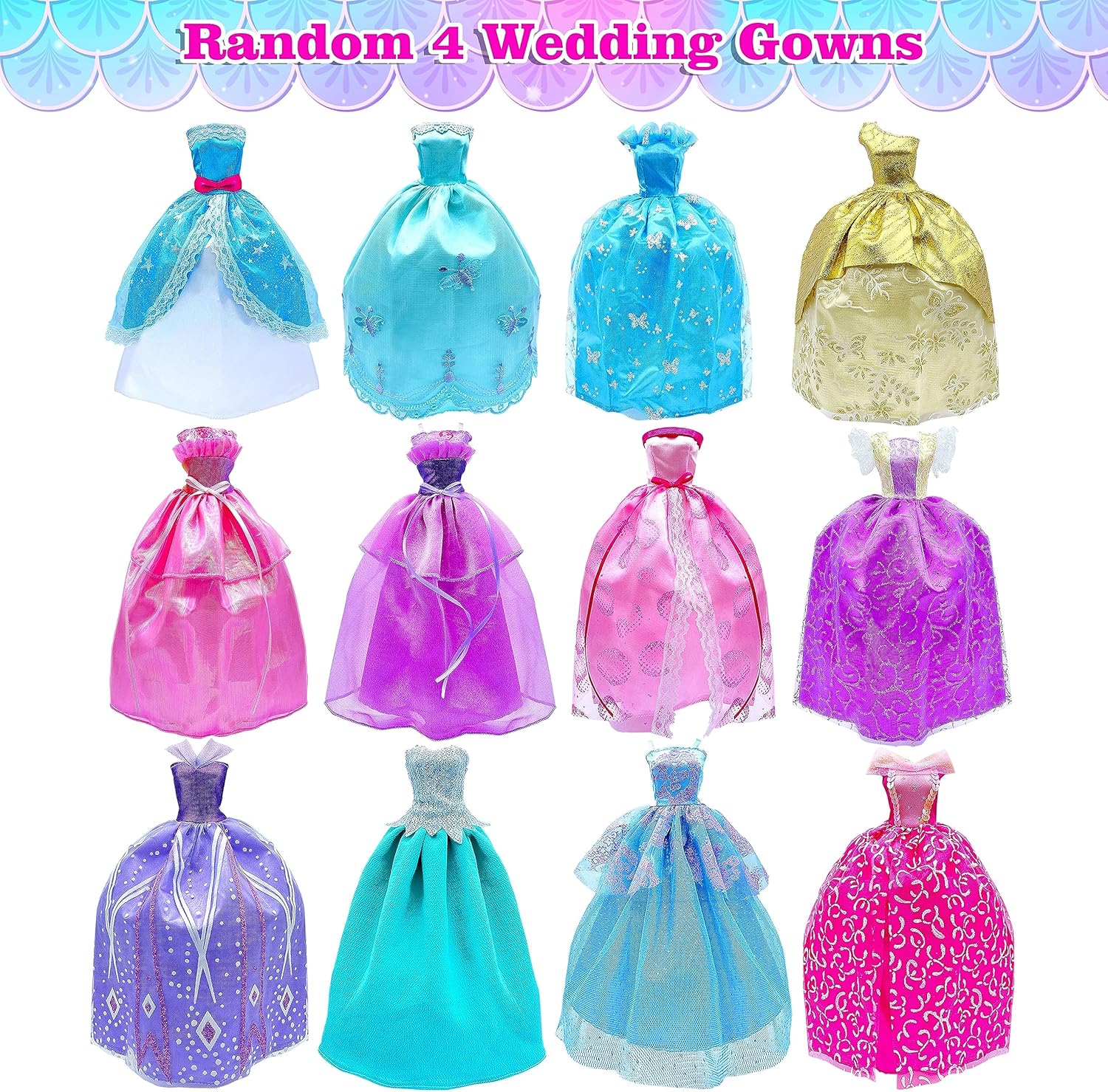 Style Shine Paquete de 50 ropa y accesorios para muñecas, 4 vestidos de boda, 2 vestidos de noche, 6 vestidos de moda, 6 conjuntos de trajes