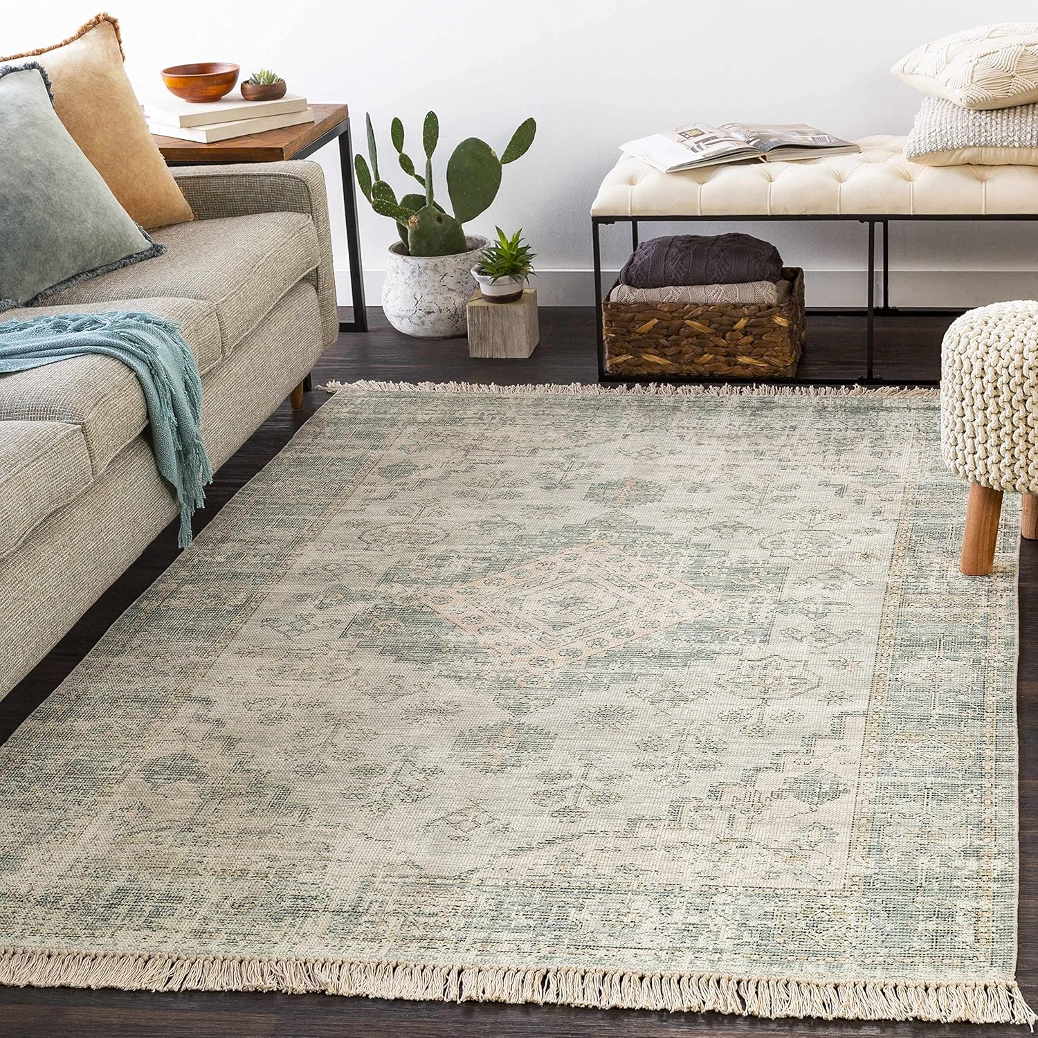 Hauteloom Undy – Alfombra tejida a mano, tradicional, vintage, para sala de estar y dormitorio, de algodón, sin pilas, diseño de medallón persa
