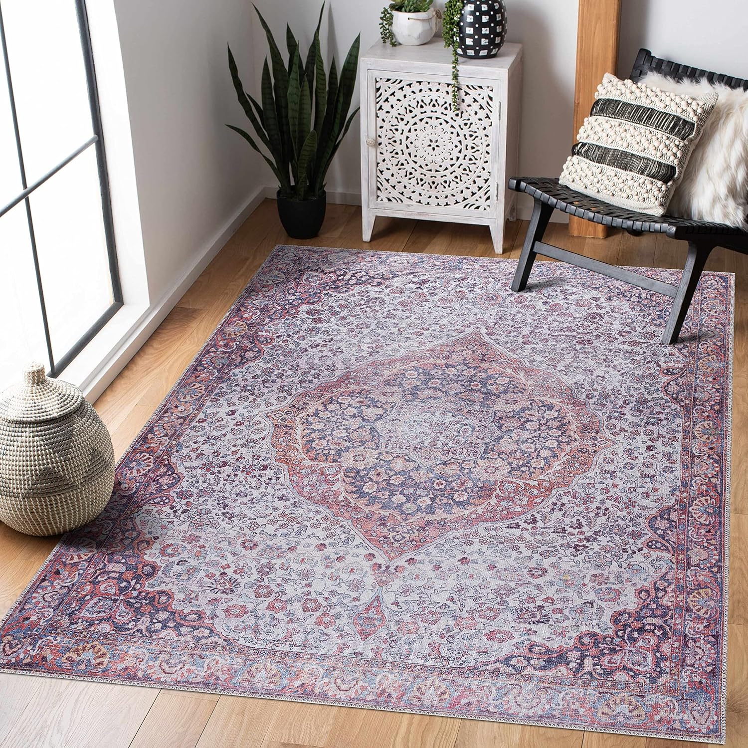 Georgia Collection Cael – Alfombra lavable a máquina, estilo oriental persa floral desteñido, para sala de estar y dormitorio, alfombra envejecida
