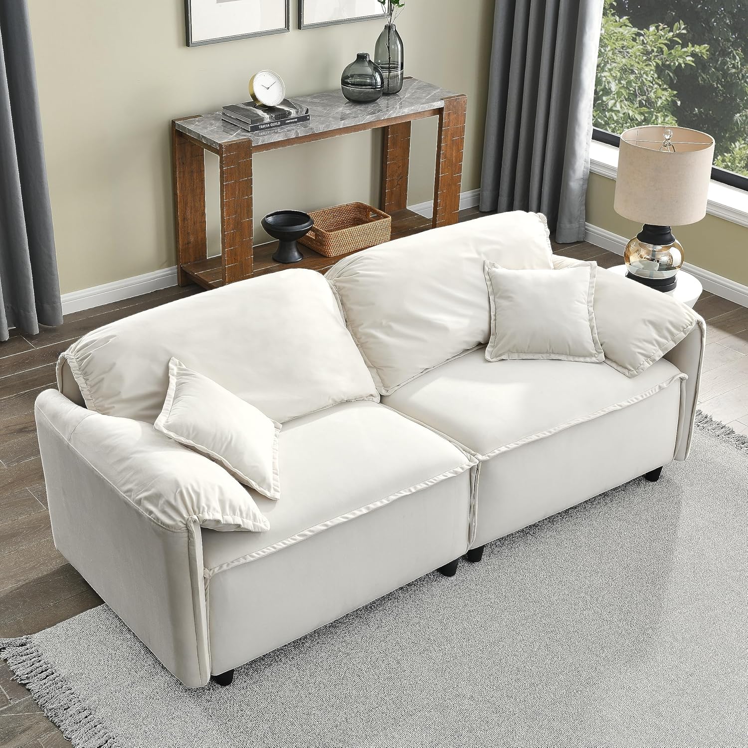 Sofá moderno tapizado de terciopelo con marco de madera maciza, sofá de 3 plazas, sofá de lujo para sala de estar, apartamento, oficina (beige)