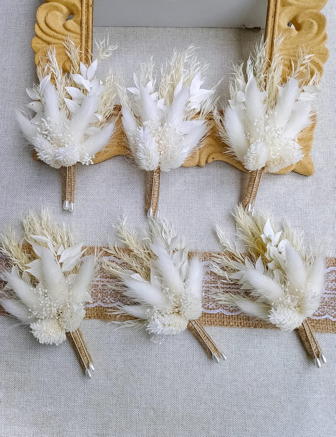 Boutonnieres – Juego de 6 piezas de flores secas para novio, padrino, bohemio, para hombre, rústico, vintage, boda, fiesta, baile de graduación