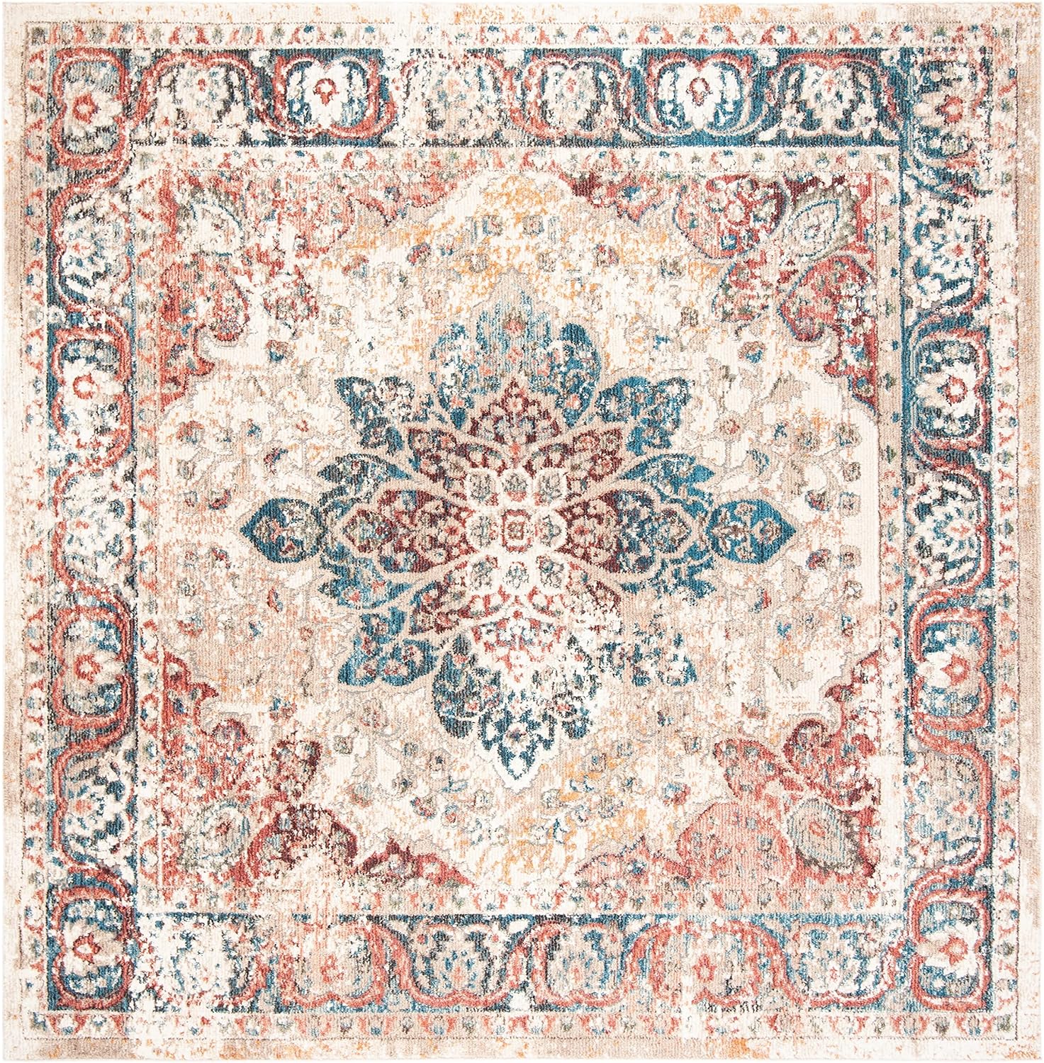 SAFAVIEH Carlyle Collection – Alfombra cuadrada de 6 pies 7 pulgadas, color marfil y borgoña, diseño oriental envejecido, no desprende pelusa y de