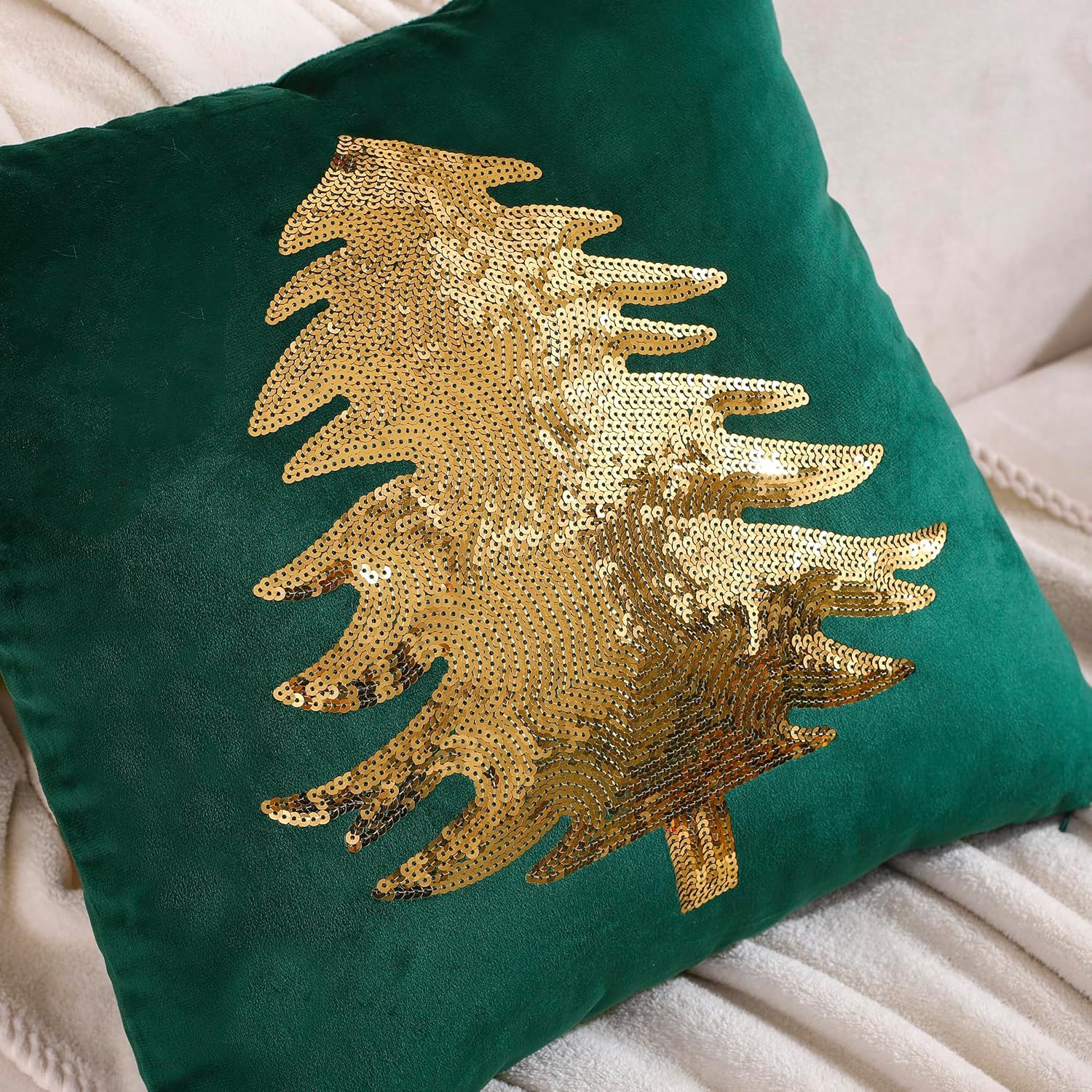 Fundas de almohada de Navidad de 18 x 18 pulgadas, juego de 2 fundas de almohada verde oscuro con lentejuelas para árbol de Navidad, decoración de