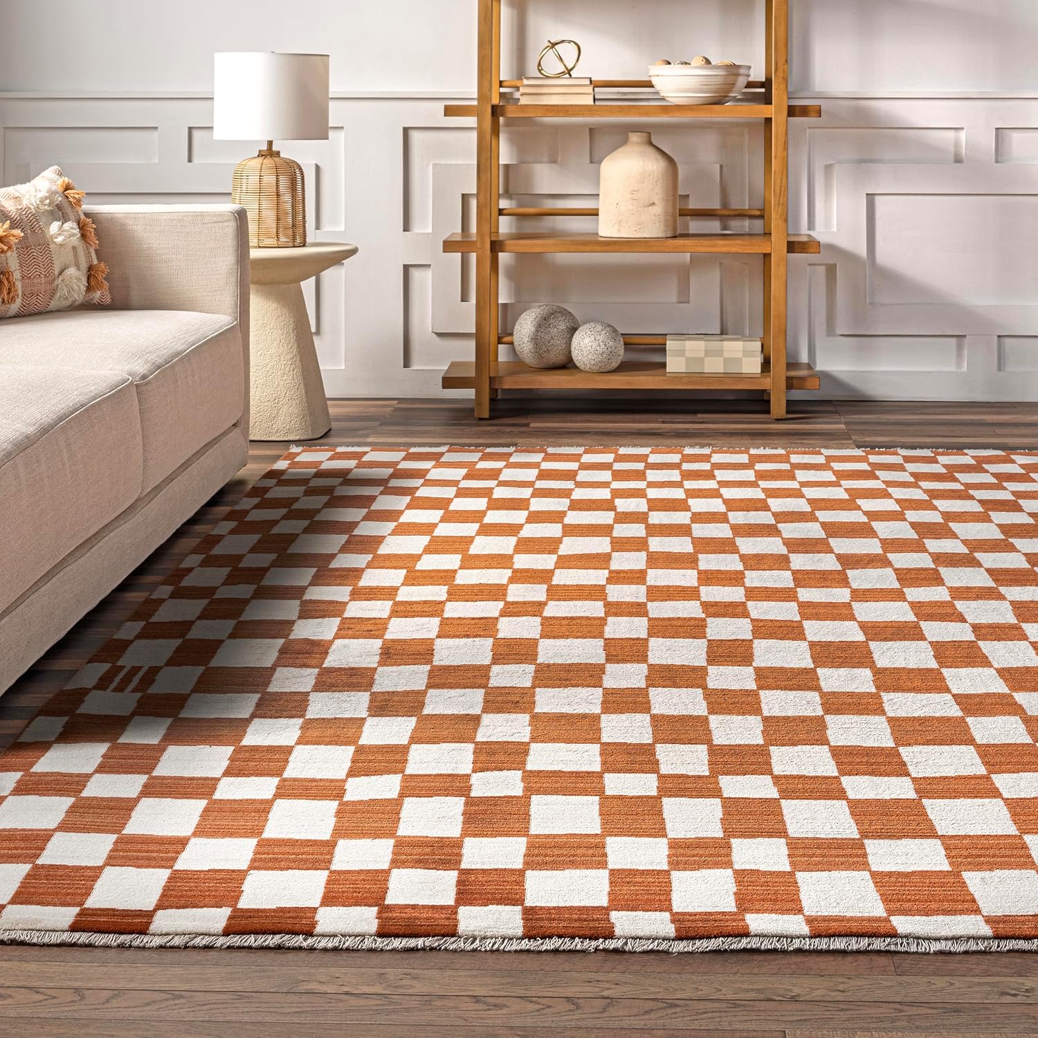 nuLOOM Dominique – Alfombra abstracta con flecos a cuadros, 6 pies 7 pulgadas x 10 pies 2 pulgadas, naranja