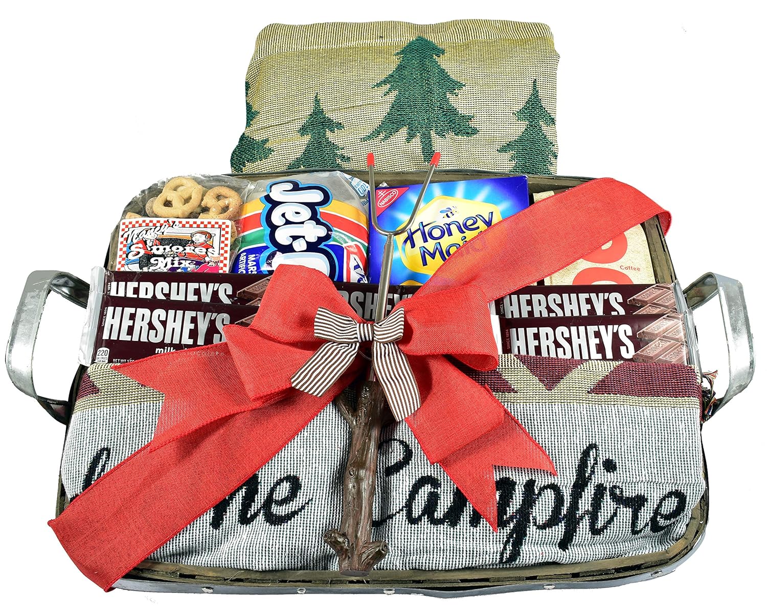 Gift Basket Village Campfire Christmas con manta de invierno y kit de fabricación en bandeja de servicio de madera y metal, S’mores, 1 unidad