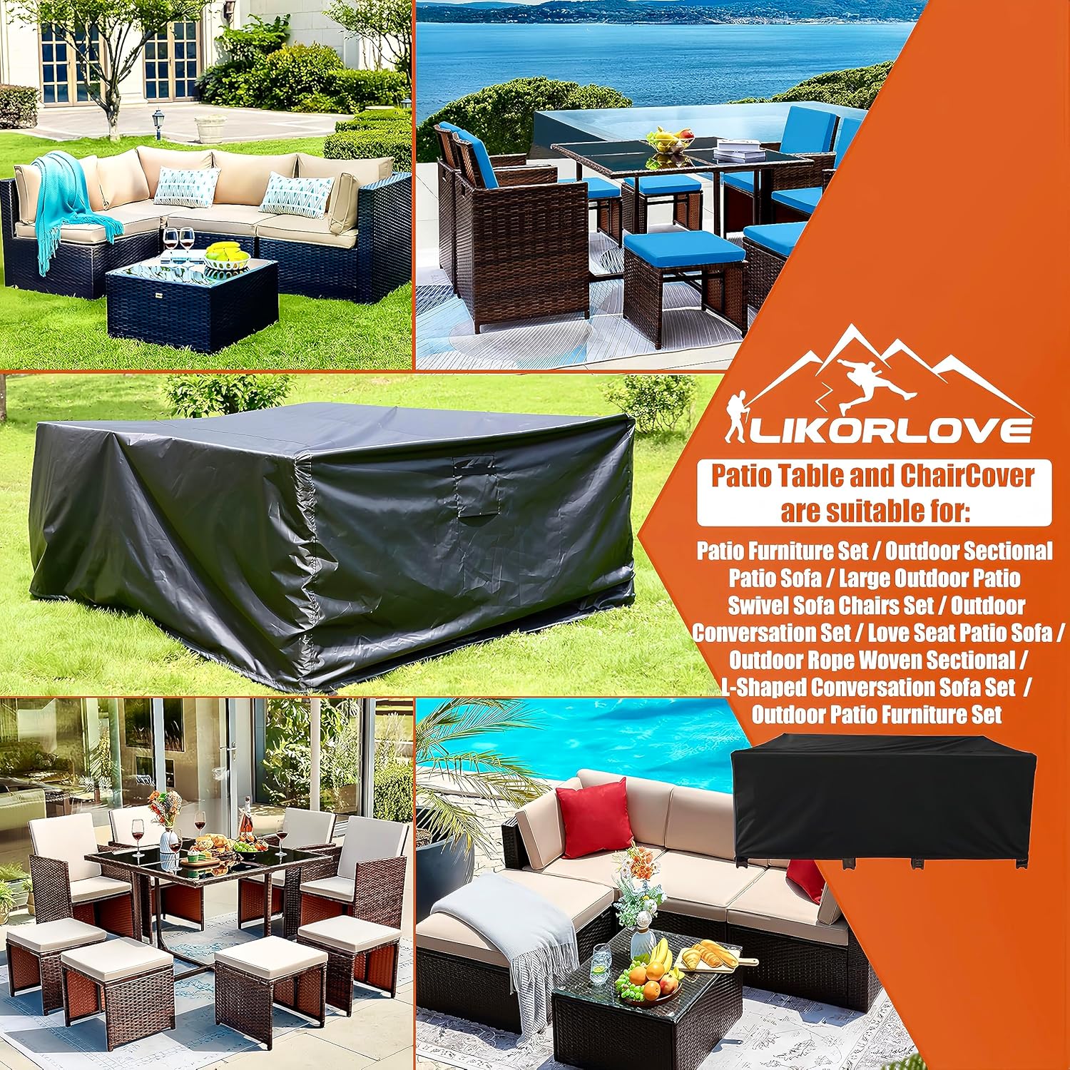 Likorlove Fundas impermeables para muebles de patio, 67 pulgadas de largo x 37 pulgadas de ancho x 28 pulgadas de alto, fundas grandes para mesa y