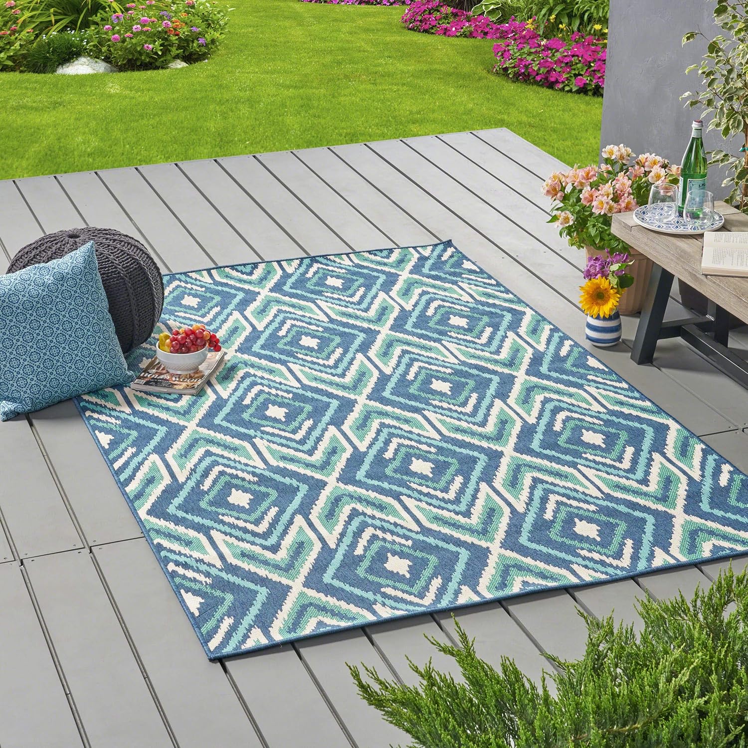 Christopher Knight Home Heather – Alfombra geométrica para exteriores, 5 x 8, azul marinoverde