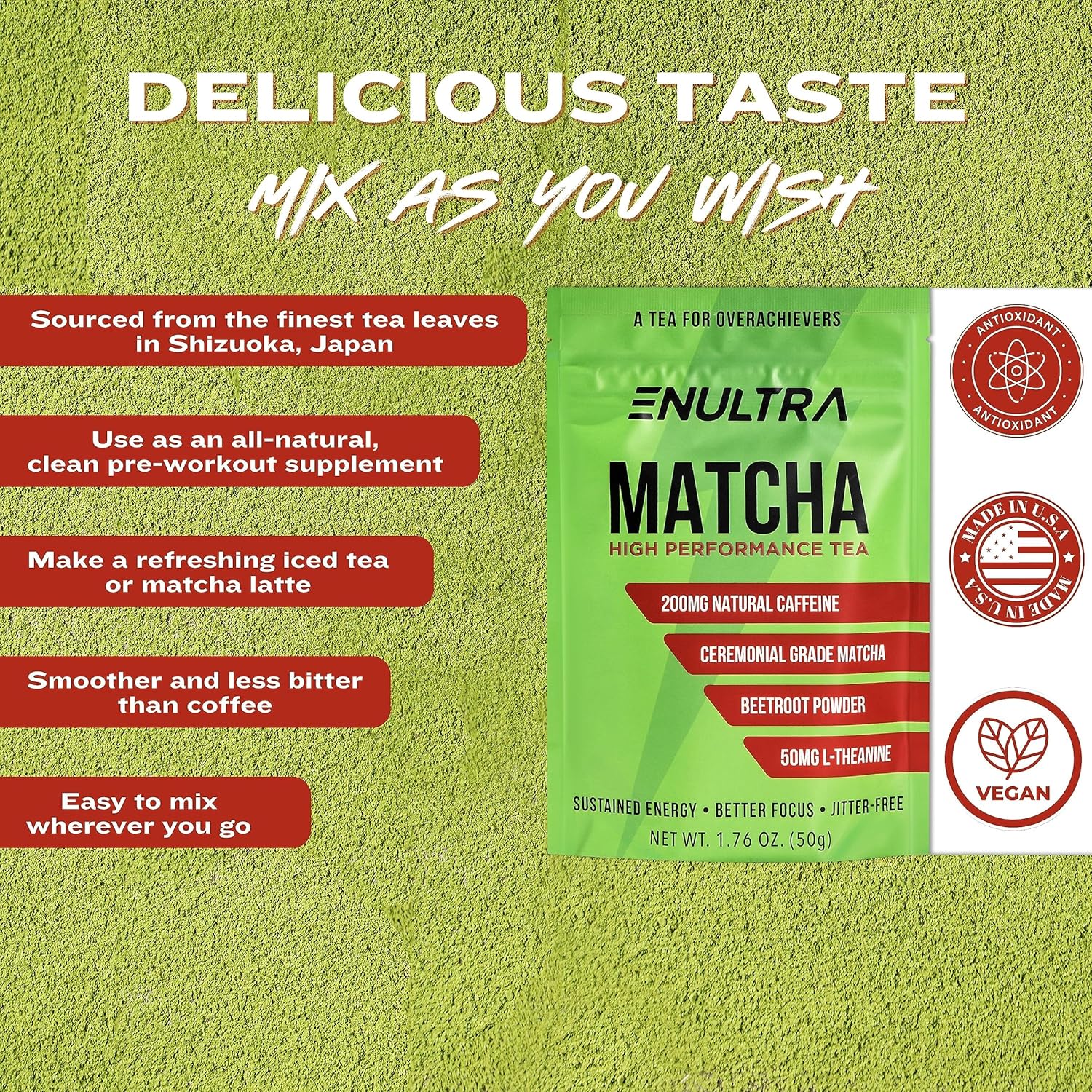 ENULTRA Té Matcha con alto contenido de cafeína, té de energía natural con remolacha, polvo de té verde matcha de grado ceremonial, 200 mg de