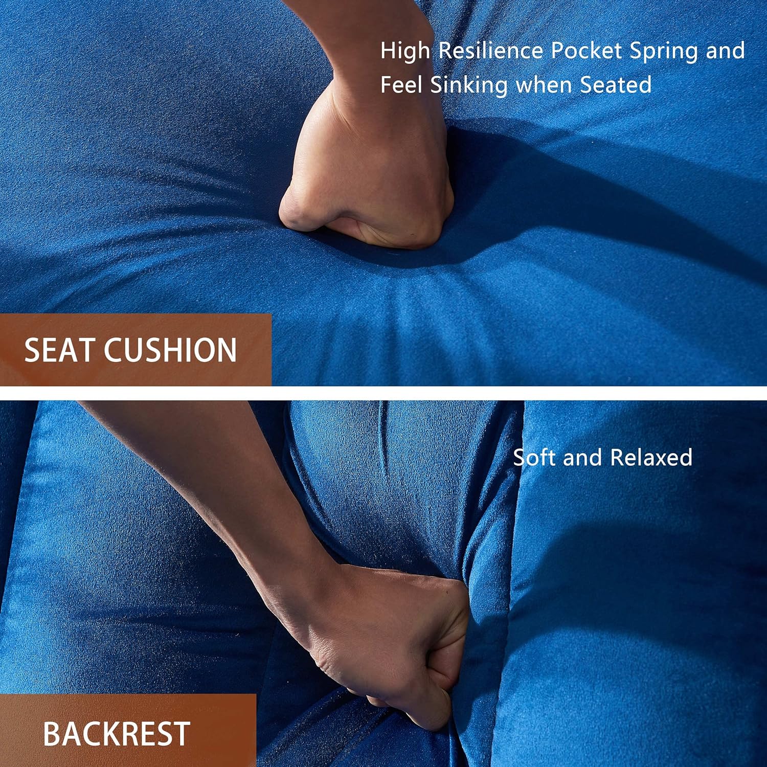 MASTI Sofá biplaza de terciopelo azul de 59 pulgadas para espacios pequeños, muebles modernos con patas doradas y dos almohadas de cojín adecuado
