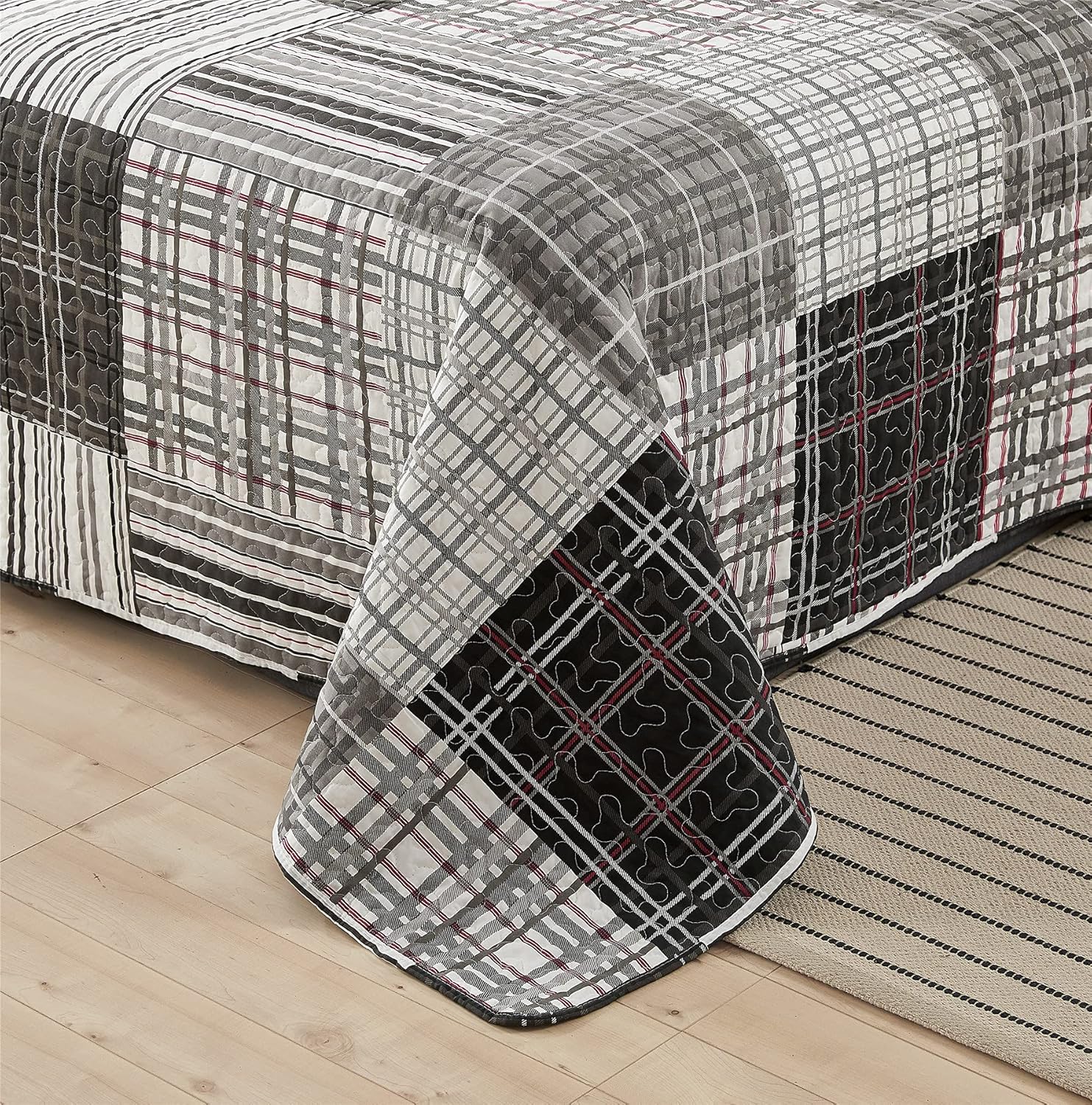 Ycosy Juego de edredón de tamaño Queen, juego de colcha de retazos a cuadros, suave y ligera, ropa de cama de color negro, blanco, gris, a rayas,