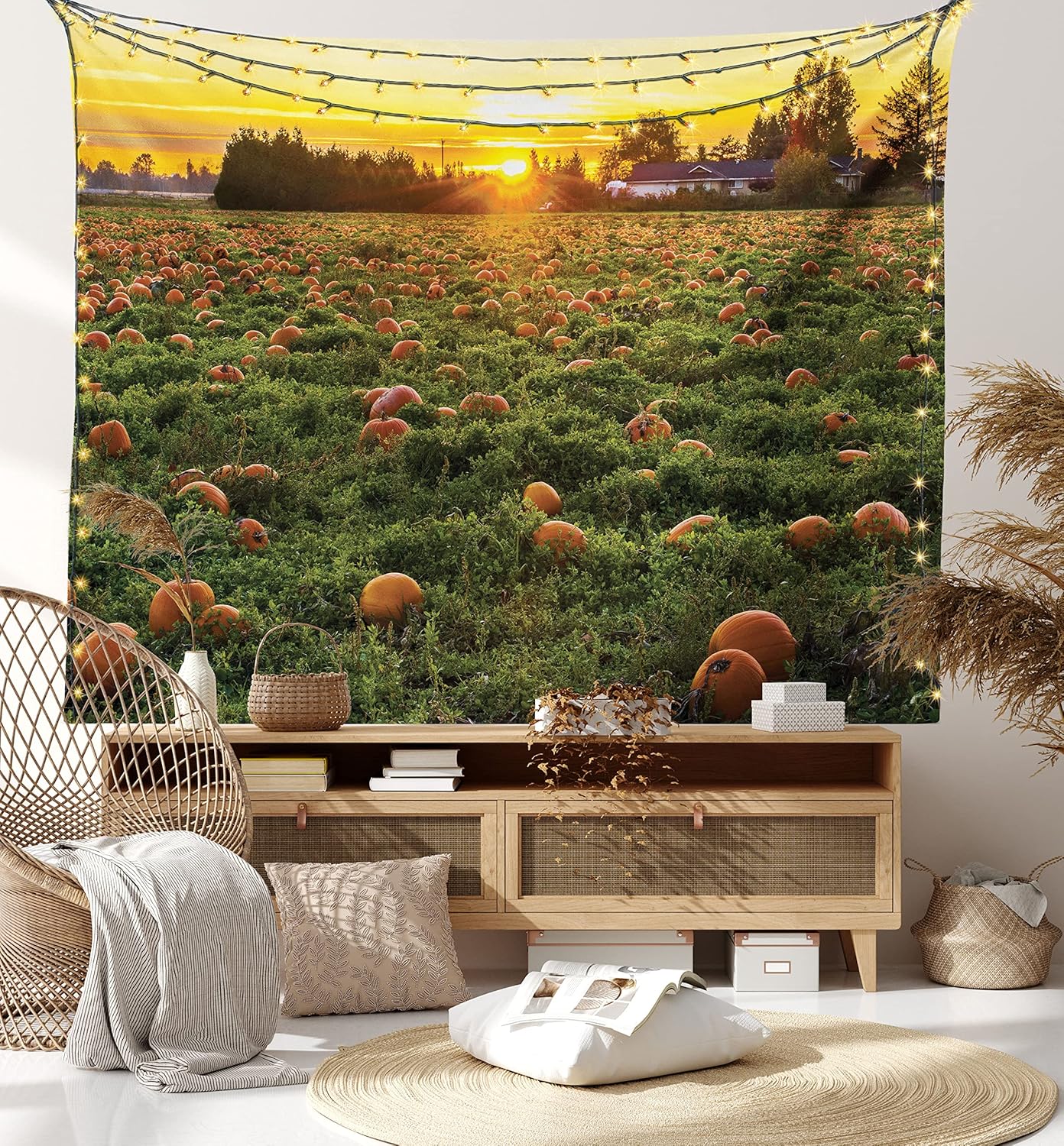 Ambesonne Tapiz de calabaza de otoño, tamaño Queen, foto temática de agricultura de otoño, parche de frutas de temporada al atardecer, colcha