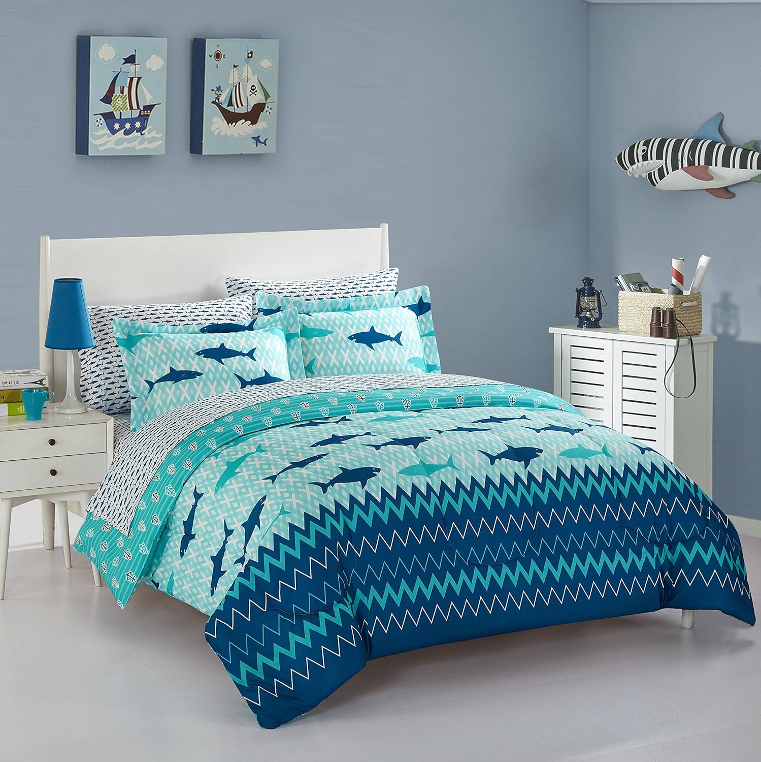 Idea Nuova Sea Shark – Cama en una bolsa, individual, multicolor azul