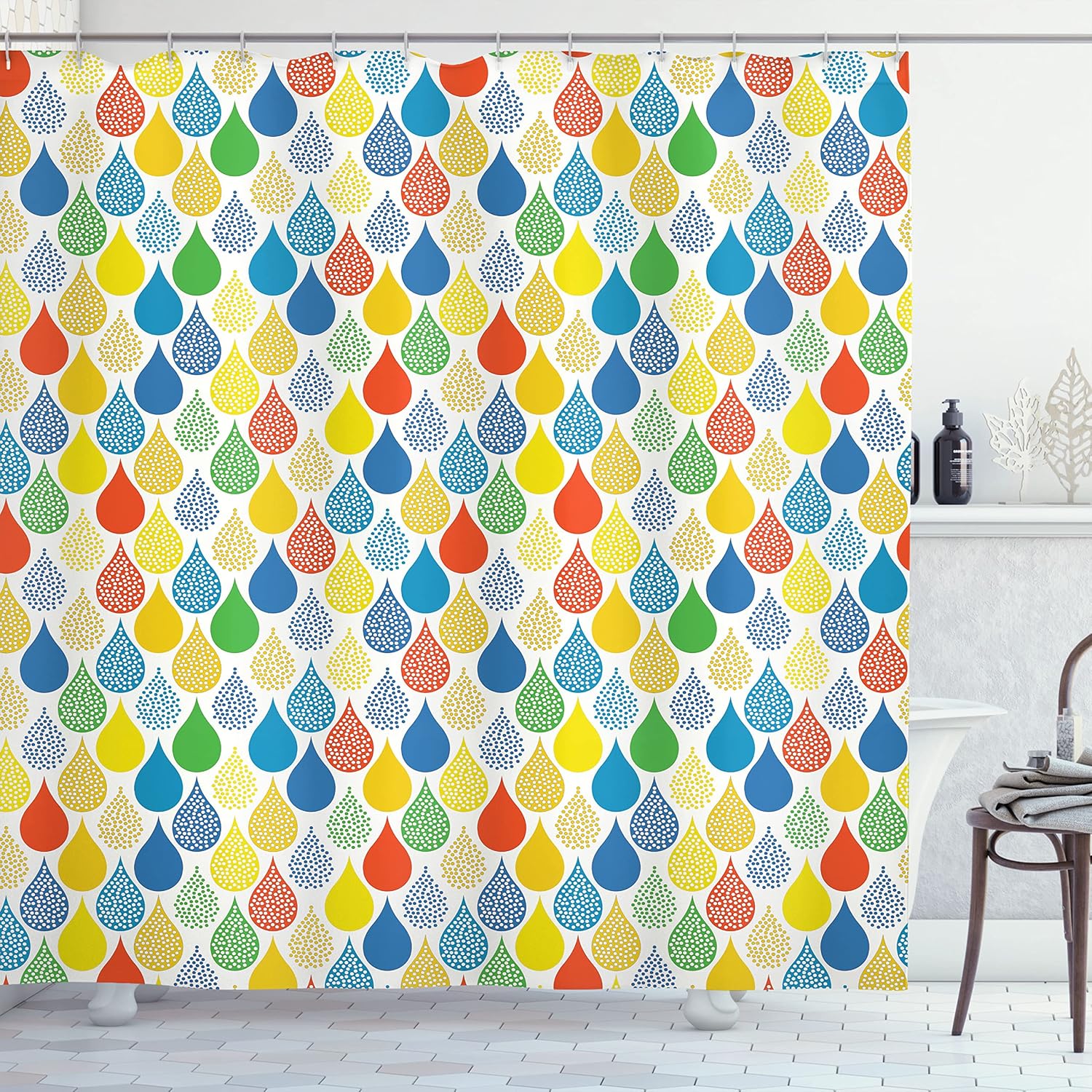 Ambesonne Cortina de ducha geométrica, estilo garabato de gotas de lluvia, diseño creativo de hojas coloridas para niñas, juego de decoración de