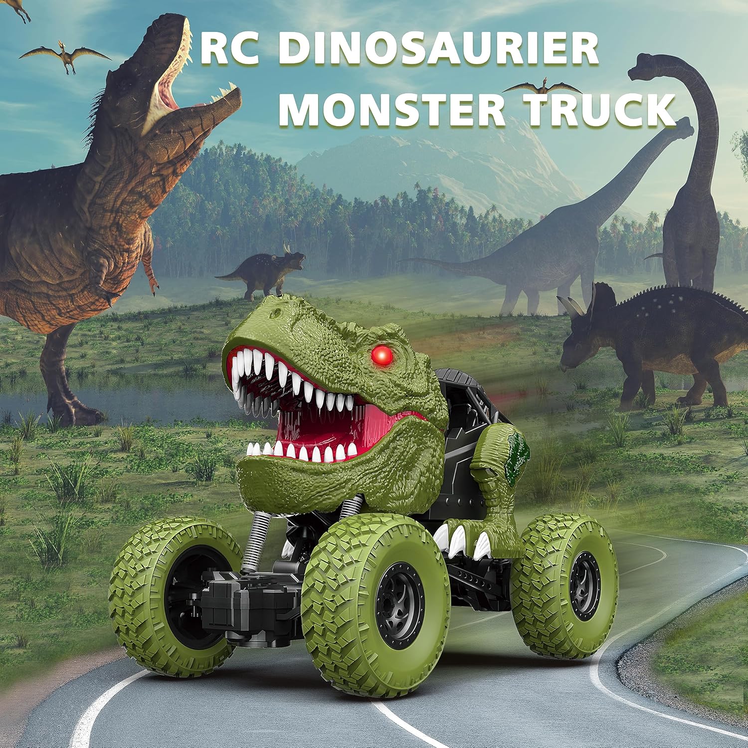 Auto de dinosaurio a control remoto para niños y niños, camión de dinosaurio de control remoto todo terreno de 2.4Ghz con luz, recargable 4WD