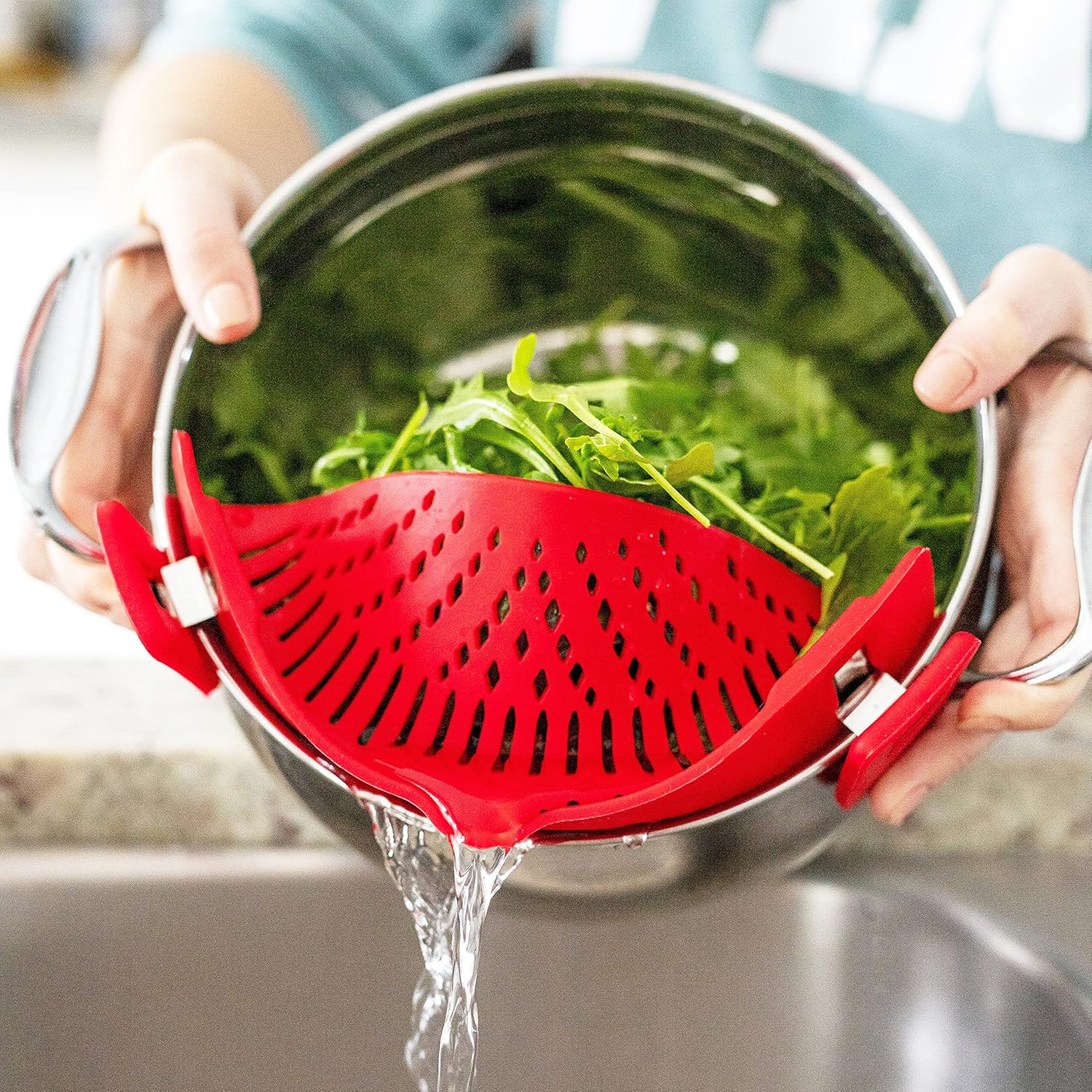 Colador de pasta de silicona con clip, ajuste universal para todas las ollas y tazones, escurridor a presión para pasta, carne, verduras, frutas,