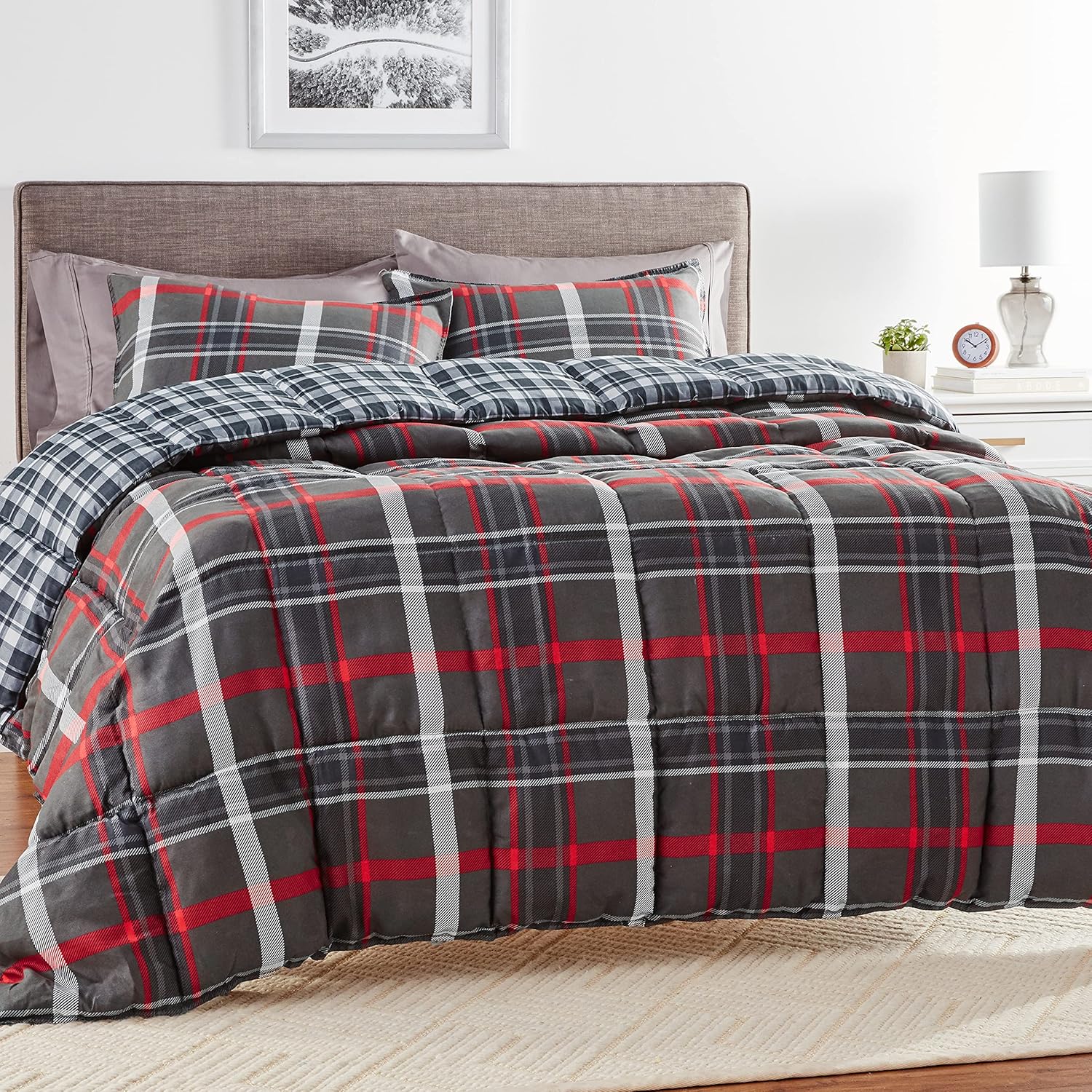 Eddie Bauer – Juego de edredón tamaño Queen, ropa de cama reversible a cuadros con fundas a juego, decoración del hogar para meses más fríos (gris