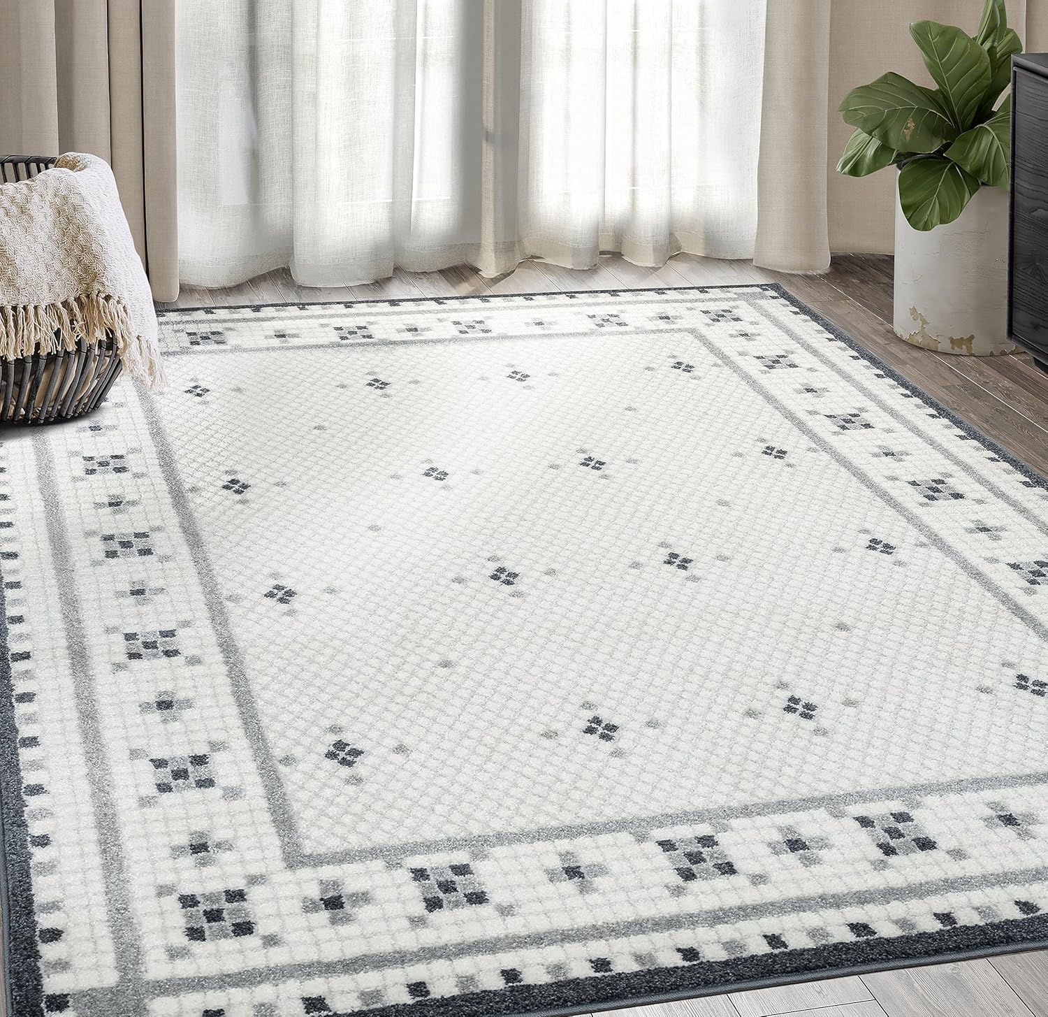 Abani Nuevo Collection – Alfombra de área, diseño moderno de mosaico blanco y negro, 7.9 x 10.2 pies, fácil de limpiar, duradera para niños y
