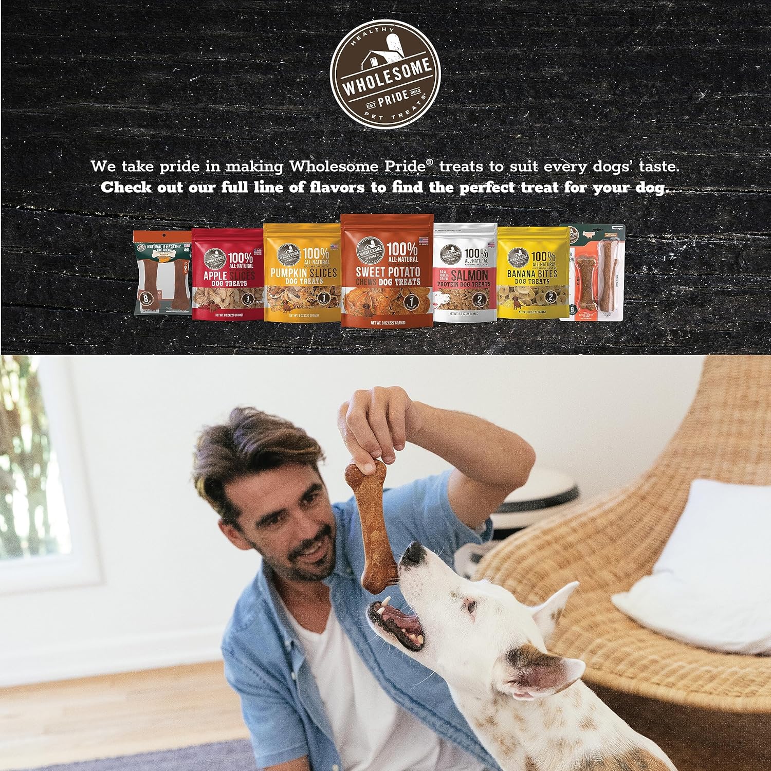 Wholesome Pride Masticables naturales y saludables para perros, paquete de 2 unidades, para perros medianos, sabor a tocino