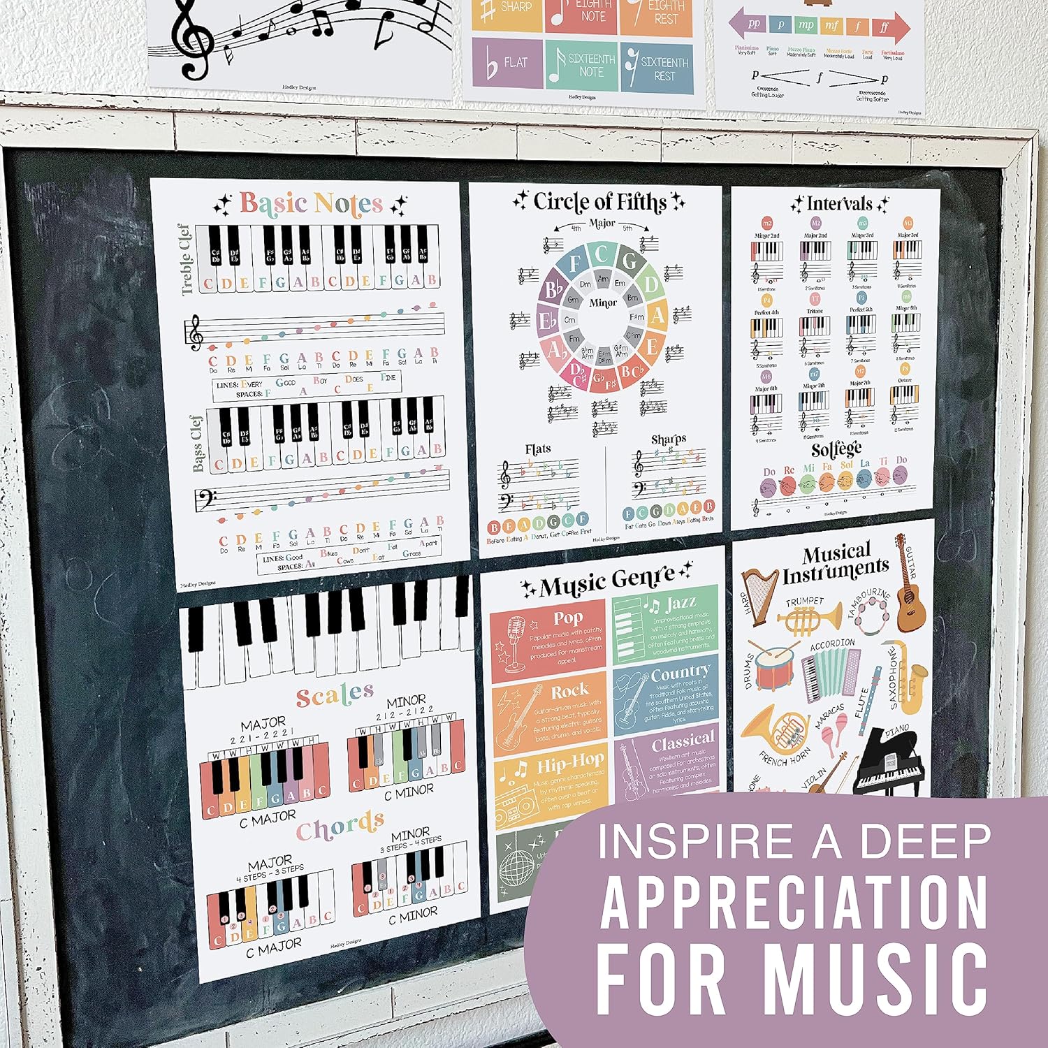 Hadley Designs 9 pósteres de música para aulas  Decoración de aula de música pastel boho, impresiones de coro y solfeo, decoraciones de tablón de