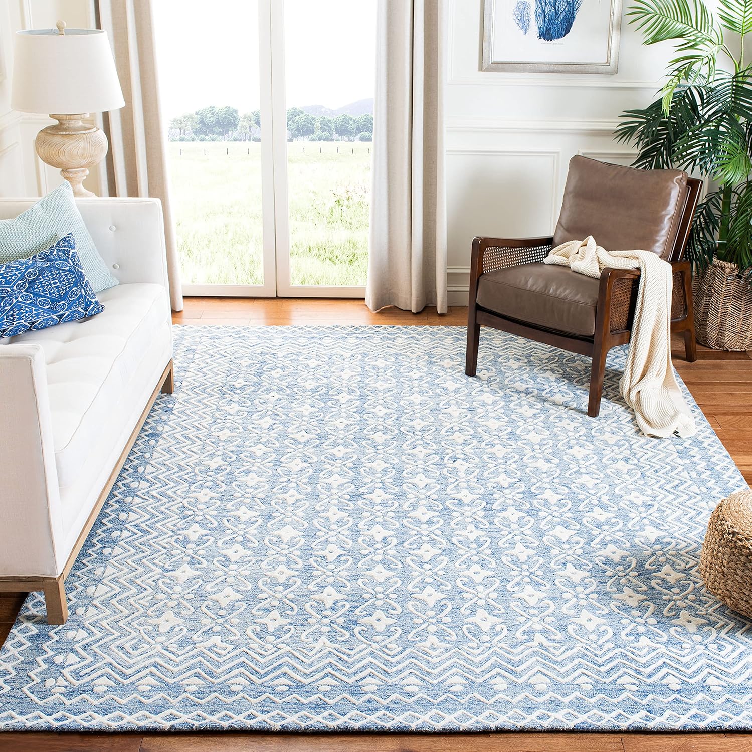 SAFAVIEH Blossom Collection BLM114M – Alfombra de lana prémium hecha a mano de 8 x 10 pies, azulmarfil