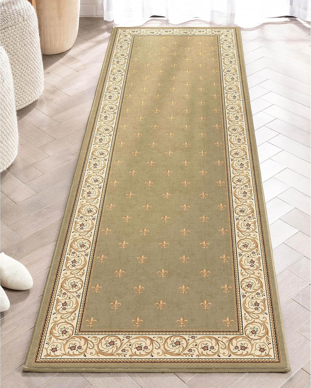 Well Woven Apollo Fleur De Lis – Alfombra de pasillo de tejido plano, color verde claro, 2 x 5 pies