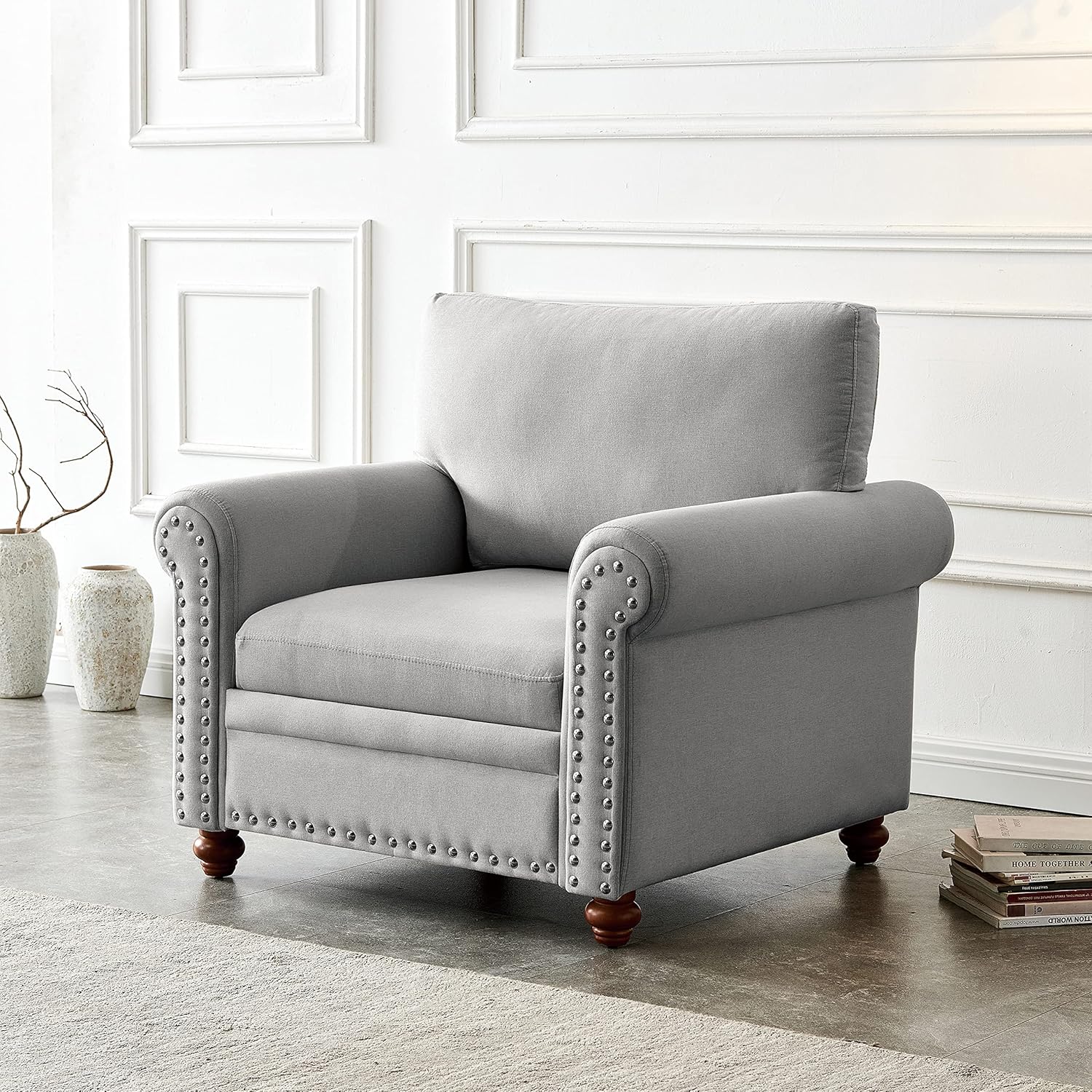 Harper & Bright Designs Sofá de un solo asiento con respaldo de cojín, patas de madera maciza, decoración de uñas, sillón tapizado de lino con brazo