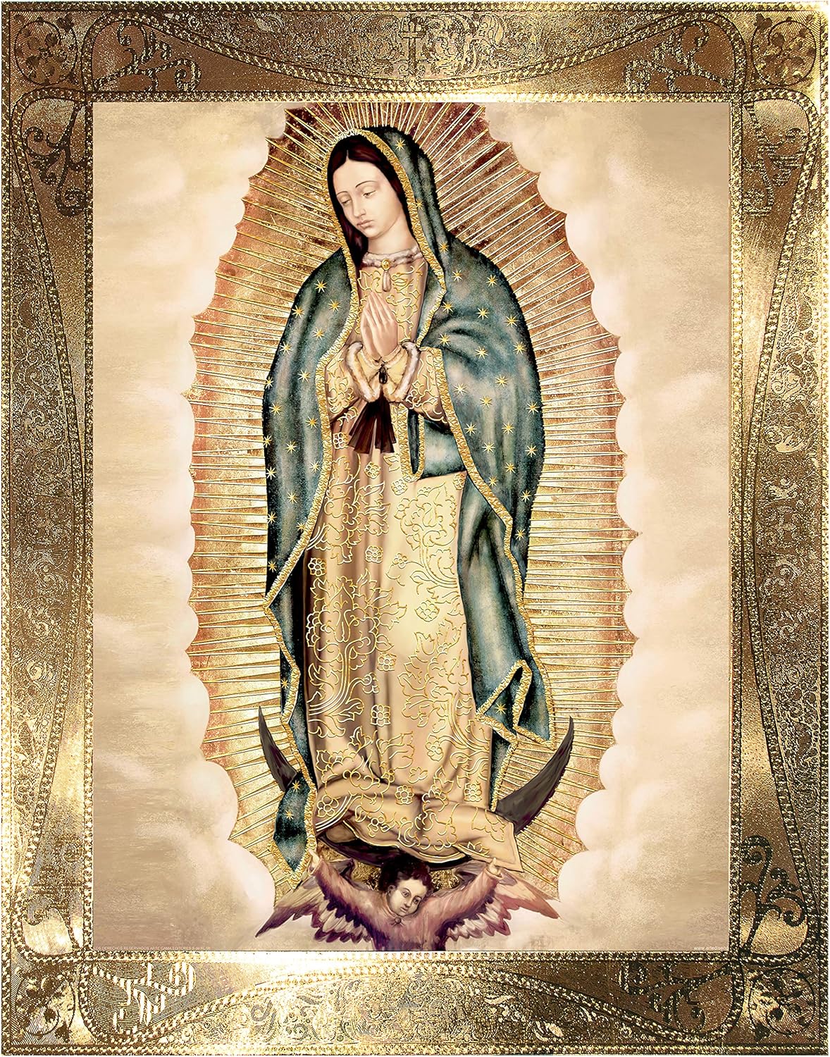 Retrato corporal de Nuestra Señora de Guadalupe con borde dorado clásico (10 x 12 pulgadas), arte religioso de pared, impresión laminada, sin marco,