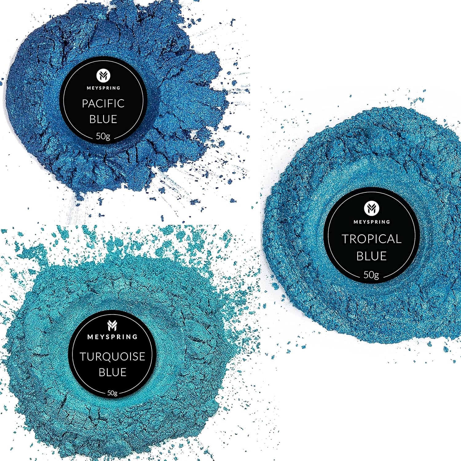MEYSPRING Paquete de polvo de mica azul, incluye 3 tonos de azul, azul pacífico, azul tropical y azul turquesa, tintes y pigmentos de resina, polvo