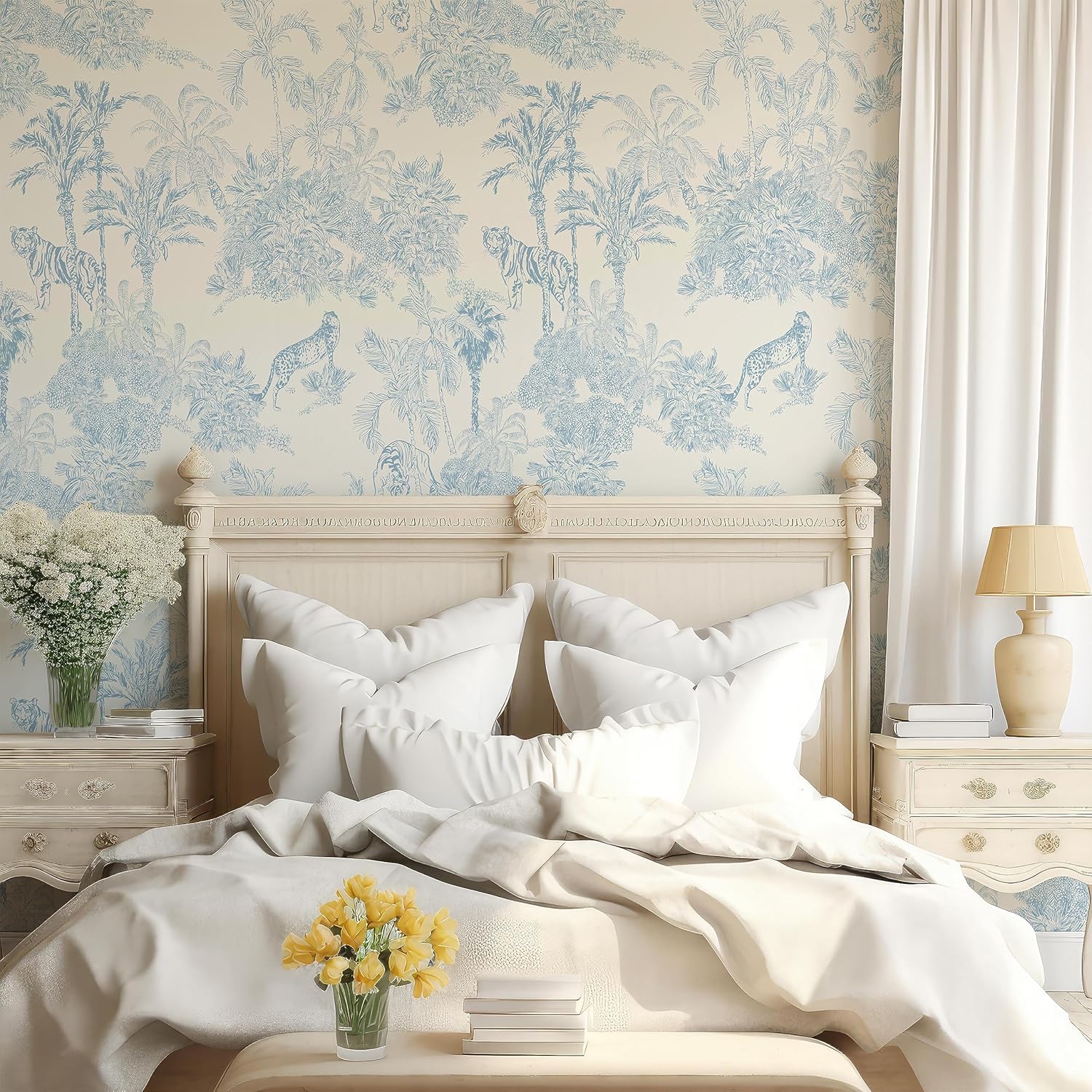 Papel tapiz de papel tapiz azul y blanco para despegar y pegar, pared de acento estilo chinoiserie francés, papel tapiz temporal para apartamentos,