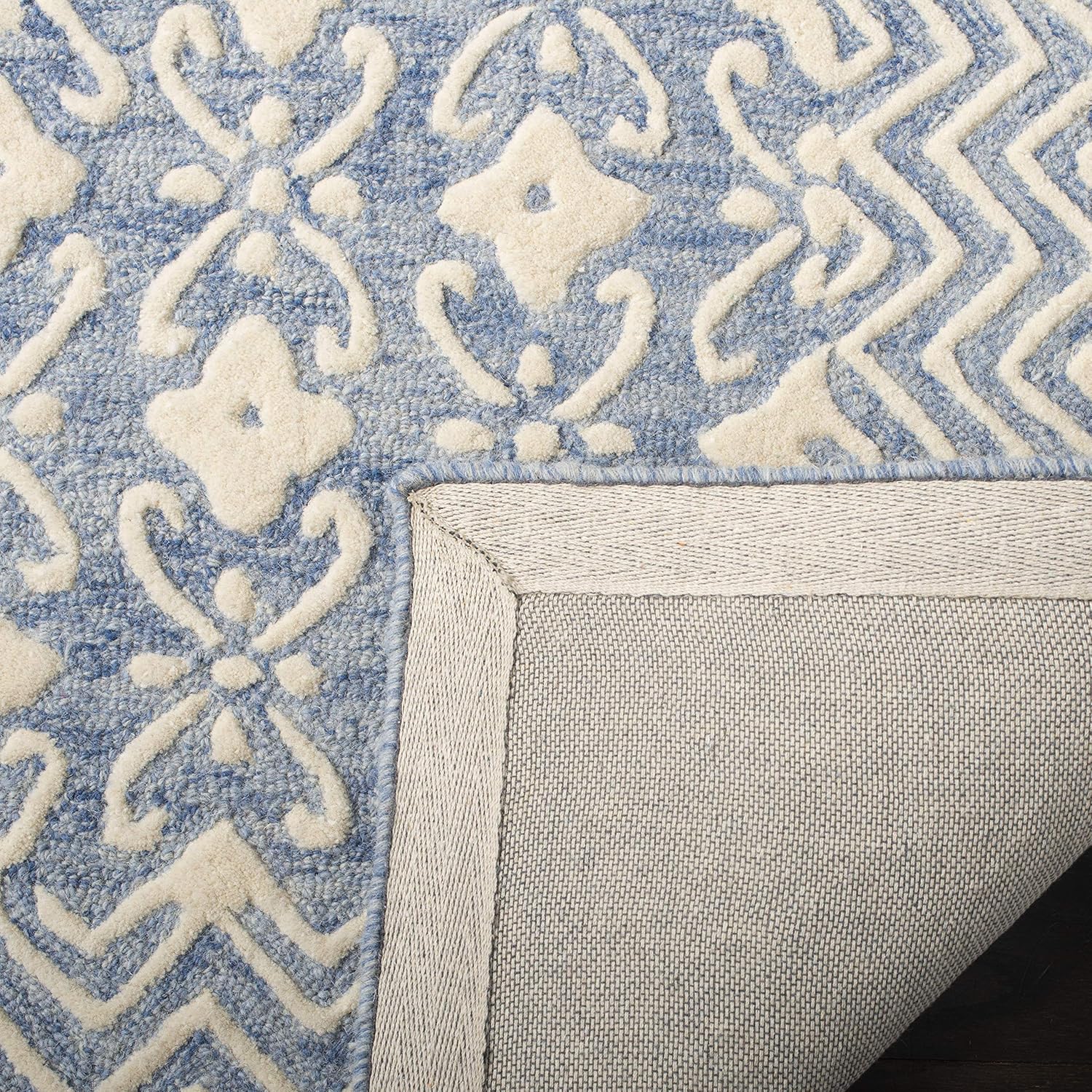 SAFAVIEH Blossom Collection BLM114M – Alfombra de lana prémium hecha a mano de 8 x 10 pies, azulmarfil