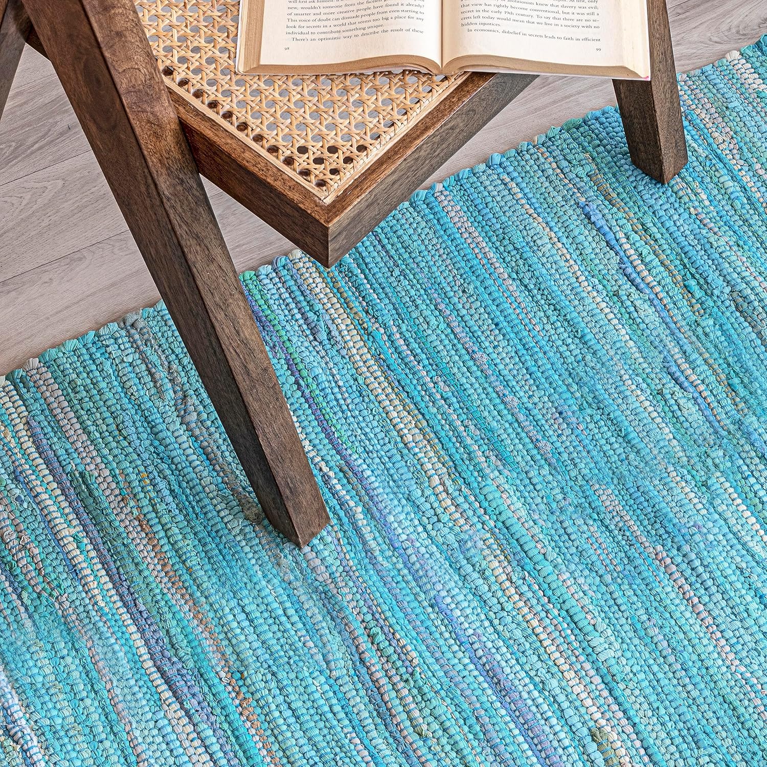 HOMEMONDE Home Collection Alfombra de trapo, tejida a mano, color verde azulado, 4 x 6 pies, alfombra Chindi de algodón reciclado para sala de