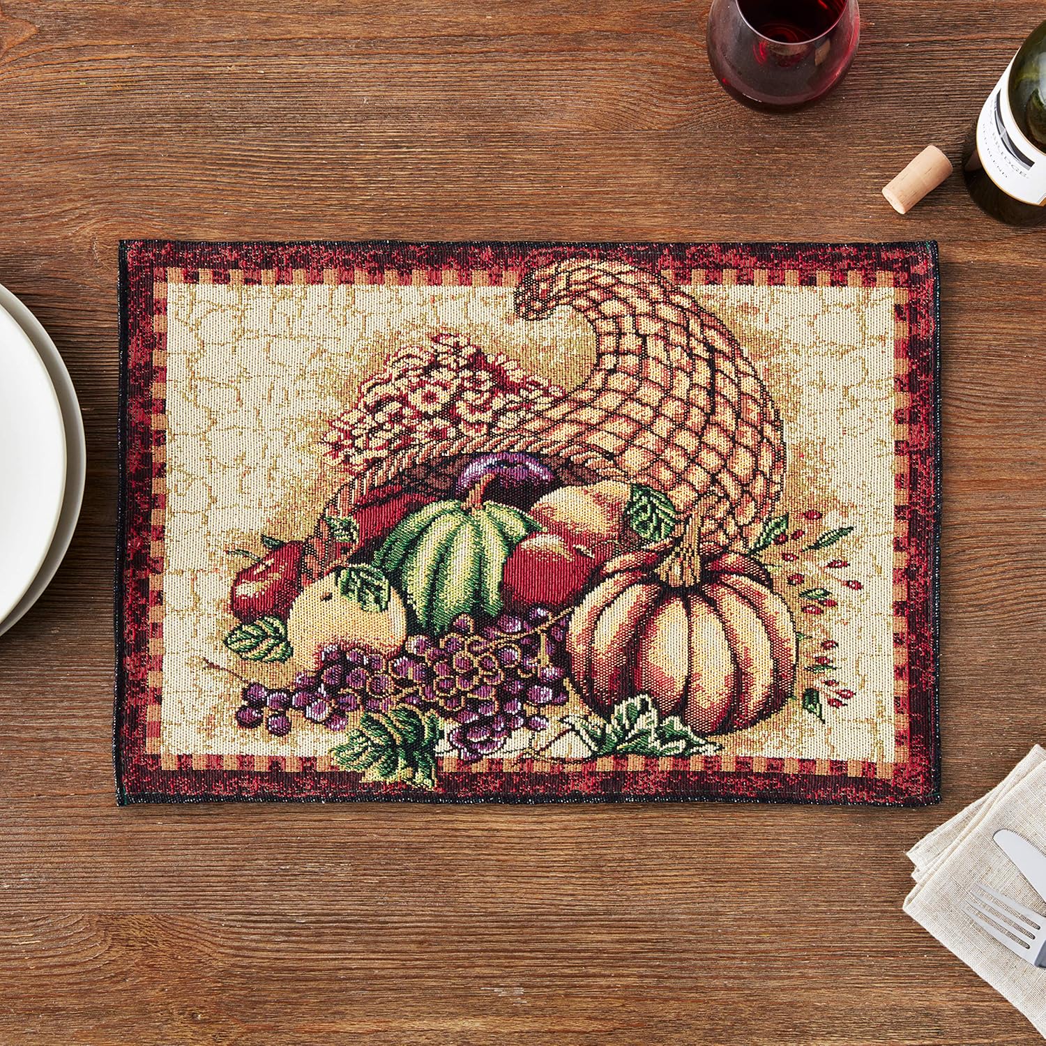 Violet Linen – Tapiz de lino para cosecha de otoño, Acción de Gracias, hojas de otoño, girasoles, frutas, calabazas, tapiz tejido de algodón de