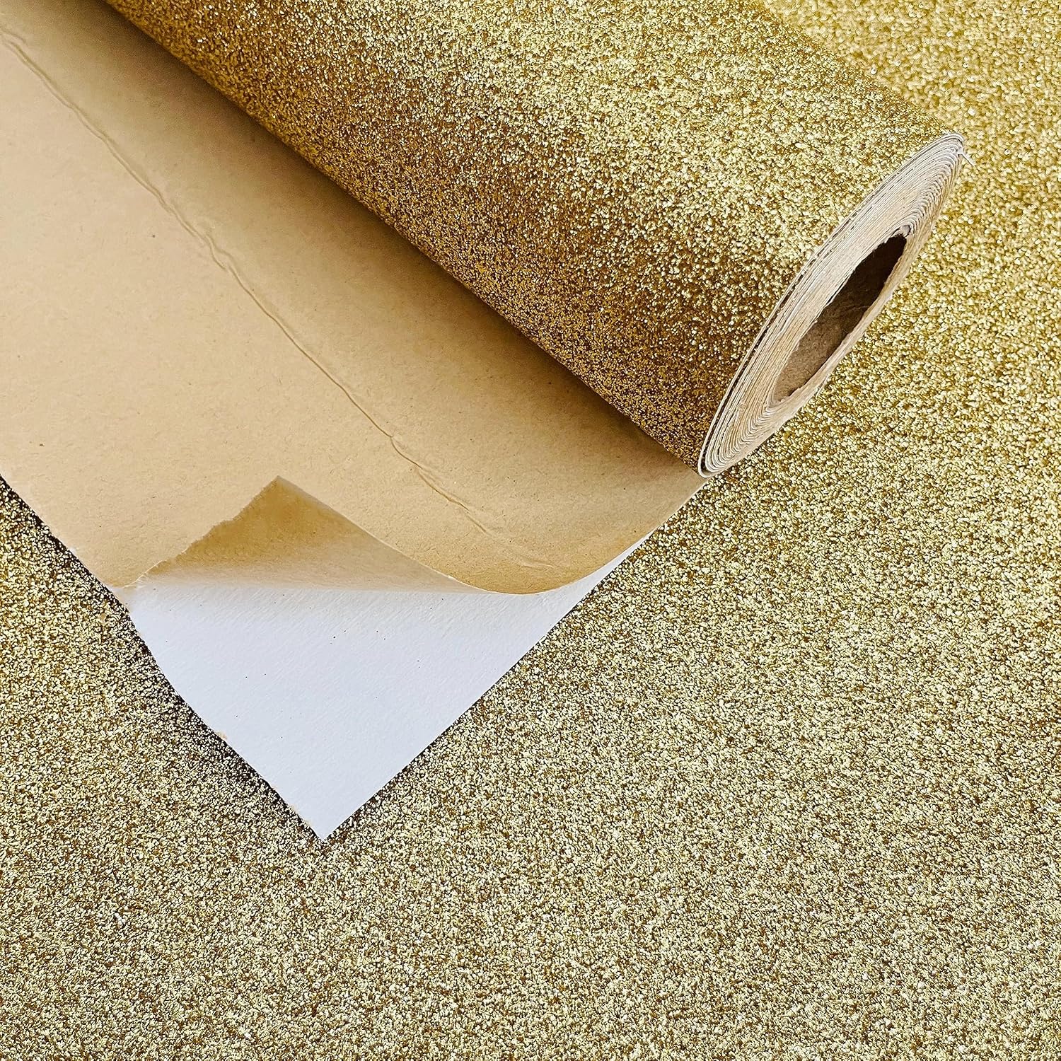 Papel tapiz autoadhesivo con purpurina dorada, para despegar y pegar, para pared (17.4 x 197 pulgadas)
