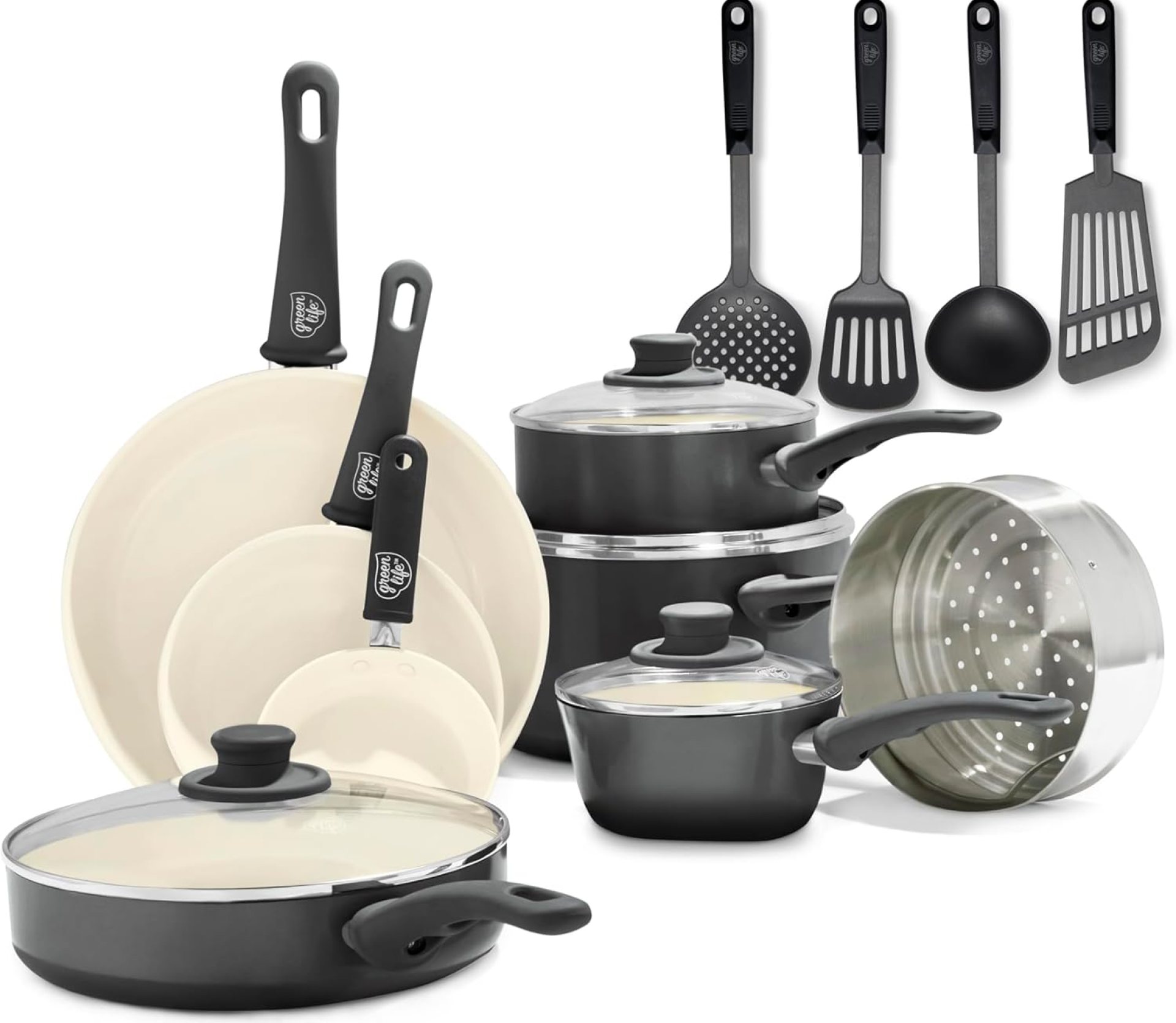 GreenLife Smooth Grip 16 Piece Cookware Set, Non-Poisonous PFAS-Free Ceramic Nonstick, Frying, Sauce, Saute, Utensils, Glass Lids, Keep-Cool Handles, Wobble Free, Dishwasher & Oven Secure, Black and Cream GreenLife Smooth Grip 16 Piece Cookware Set, Non-Poisonous PFAS-Free Ceramic Nonstick, Frying, Sauce, Saute, Utensils, Glass Lids, Keep-Cool Handles, Wobble Free, Dishwasher & Oven Secure, Black and Cream