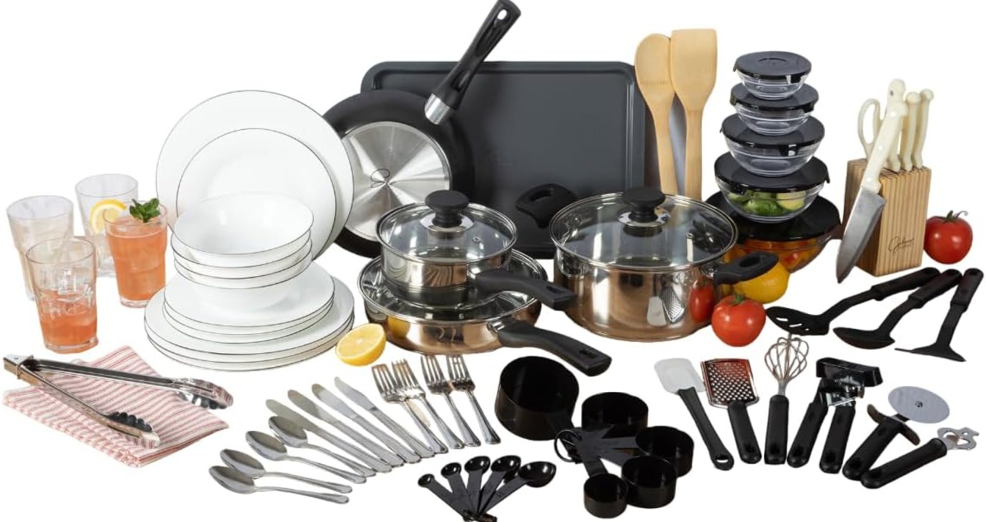 Gibson House 74 Piece Kitchen in a Field Pots and Pans Cookware, Plates and Bowls Dinnerware, Cutlery Knife Block, Flatware Utensils, Kitchen Instruments & Devices, Kitchen Storage, Glasses Set Gibson House 74 Piece Kitchen in a Field Pots and Pans Cookware, Plates and Bowls Dinnerware, Cutlery Knife Block, Flatware Utensils, Kitchen Instruments & Devices, Kitchen Storage, Glasses Set