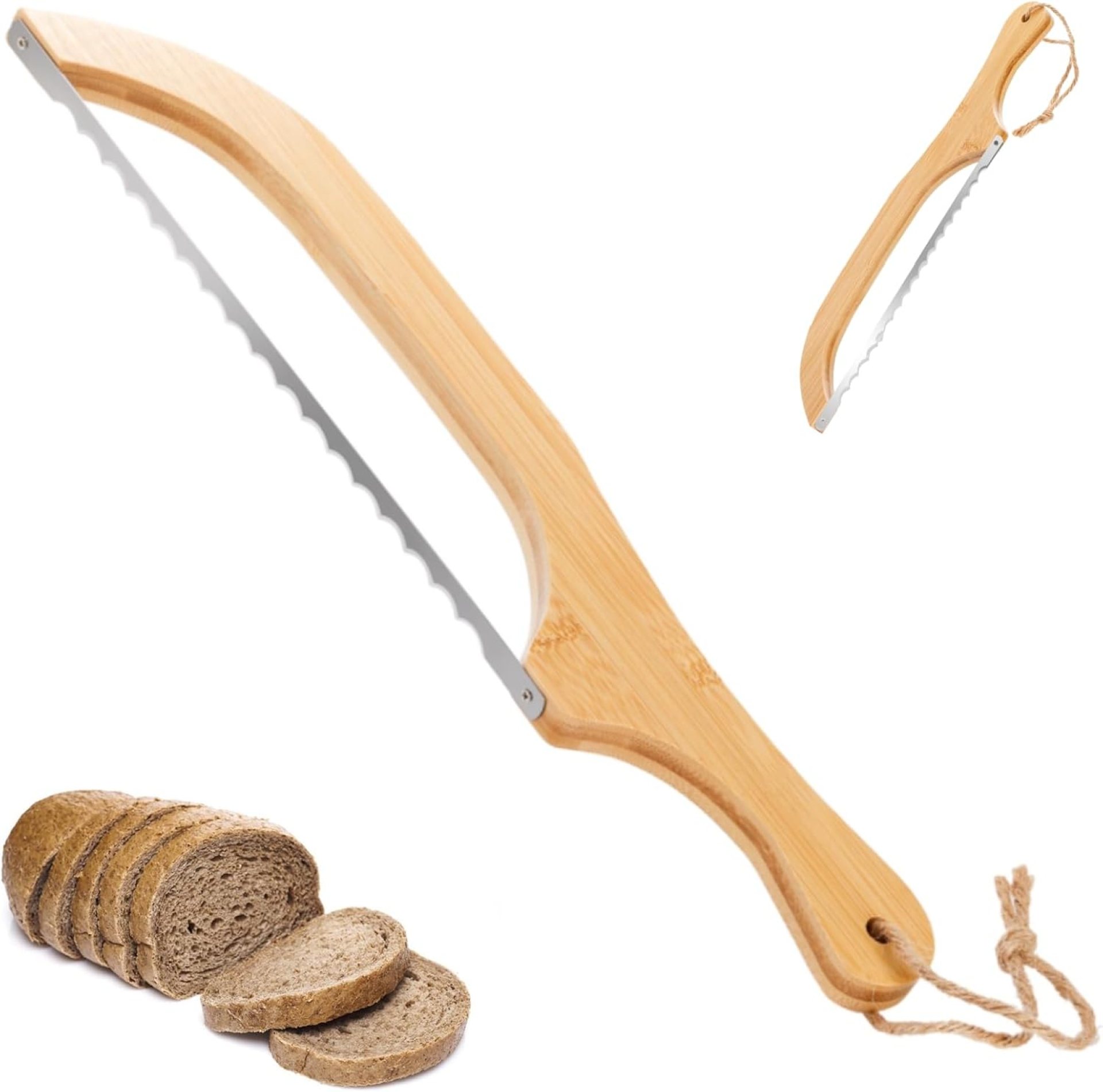 Goaste Bamboo Bread Bow Knife, 15.7″ Serrated Bread Slicer, Stainless Metal Sourdough Bread Cutter with Fiddle Bow Design for Bagels, Baguettes and Extra Goaste Bamboo Bread Bow Knife, 15.7″ Serrated Bread Slicer, Stainless Metal Sourdough Bread Cutter with Fiddle Bow Design for Bagels, Baguettes and Extra