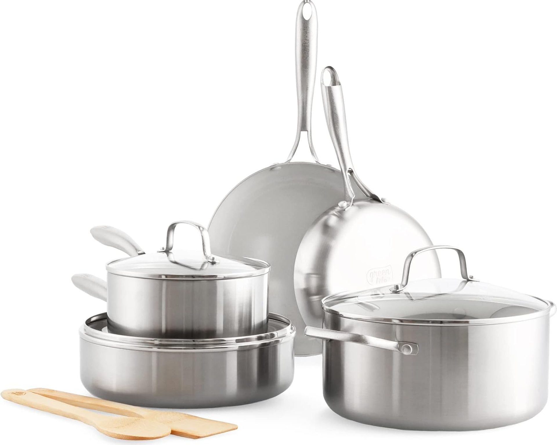 GreenLife Tri-Ply Stainless Metal Wholesome Ceramic Nonstick, 10 Piece Cookware Pots and Pans Set, PFAS-Free, Multi Clad, Induction, Dishwasher Secure, Oven Secure, Silver GreenLife Tri-Ply Stainless Metal Wholesome Ceramic Nonstick, 10 Piece Cookware Pots and Pans Set, PFAS-Free, Multi Clad, Induction, Dishwasher Secure, Oven Secure, Silver