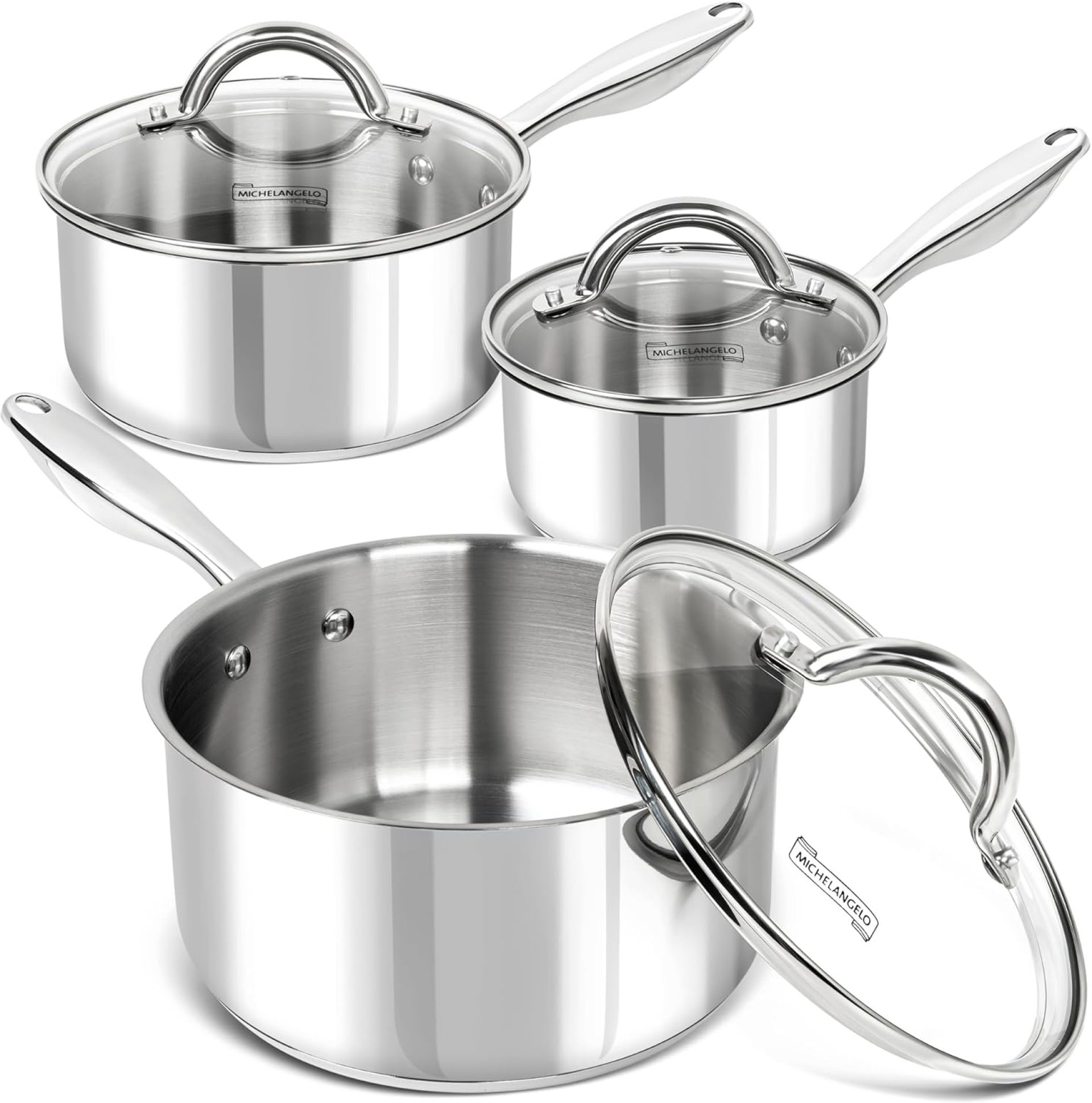 MICHELANGELO Saucepan Set 6pc, 18/10 Stainless Metal Sauce Pan with Lid, Tri-Ply Backside Sauce Pot Set, Nonstick Saucepan, Induction Suitable, 1QT & 2QT &3QT MICHELANGELO Saucepan Set 6pc, 18/10 Stainless Metal Sauce Pan with Lid, Tri-Ply Backside Sauce Pot Set, Nonstick Saucepan, Induction Suitable, 1QT & 2QT &3QT