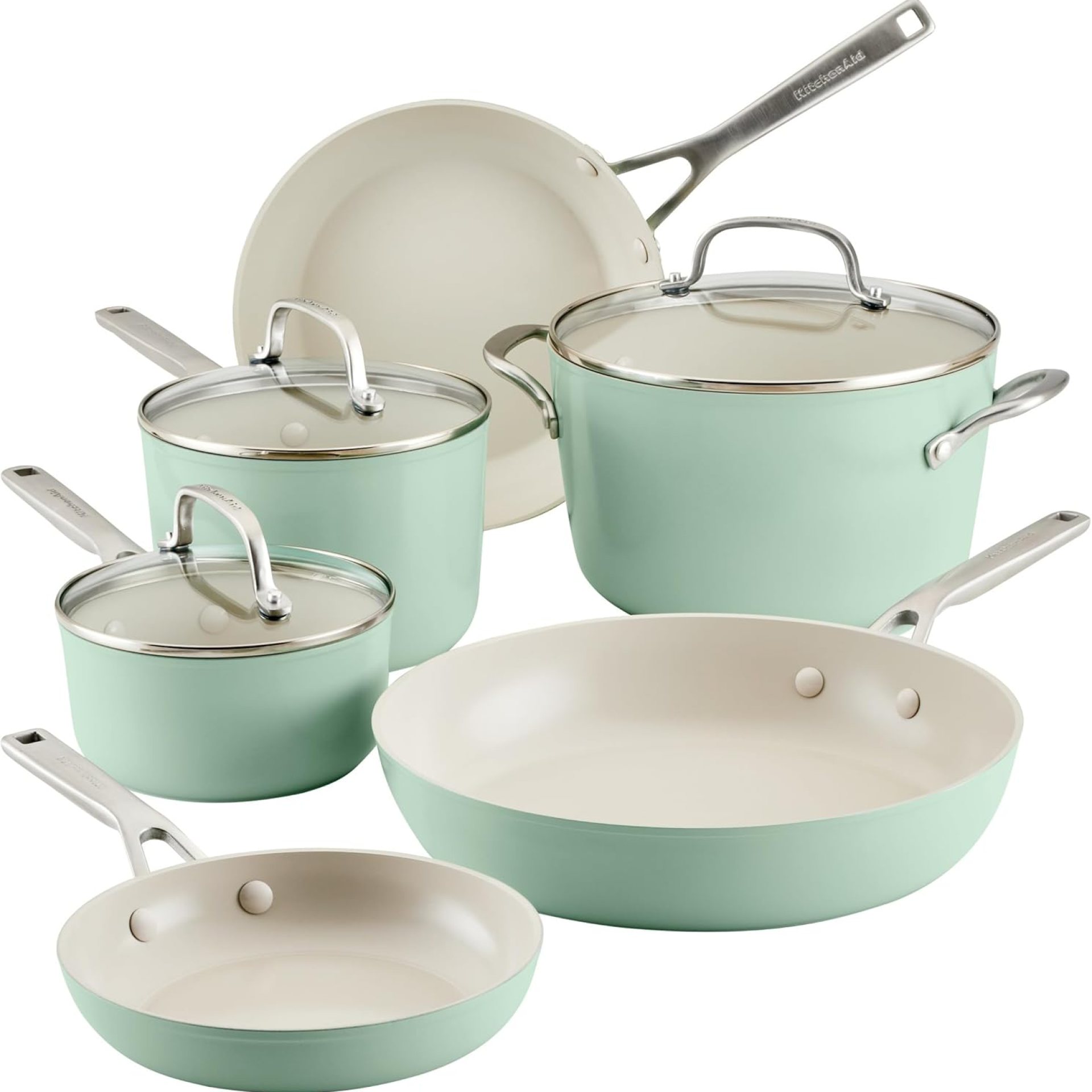 KitchenAid Arduous Anodized Ceramic 9-Piece Nonstick Cookware Set – Contains Fry Pans, Saucepan, Stockpot, Sturdy, Even Heating, Oven Secure to 500°F, Pistachio KitchenAid Arduous Anodized Ceramic 9-Piece Nonstick Cookware Set – Contains Fry Pans, Saucepan, Stockpot, Sturdy, Even Heating, Oven Secure to 500°F, Pistachio