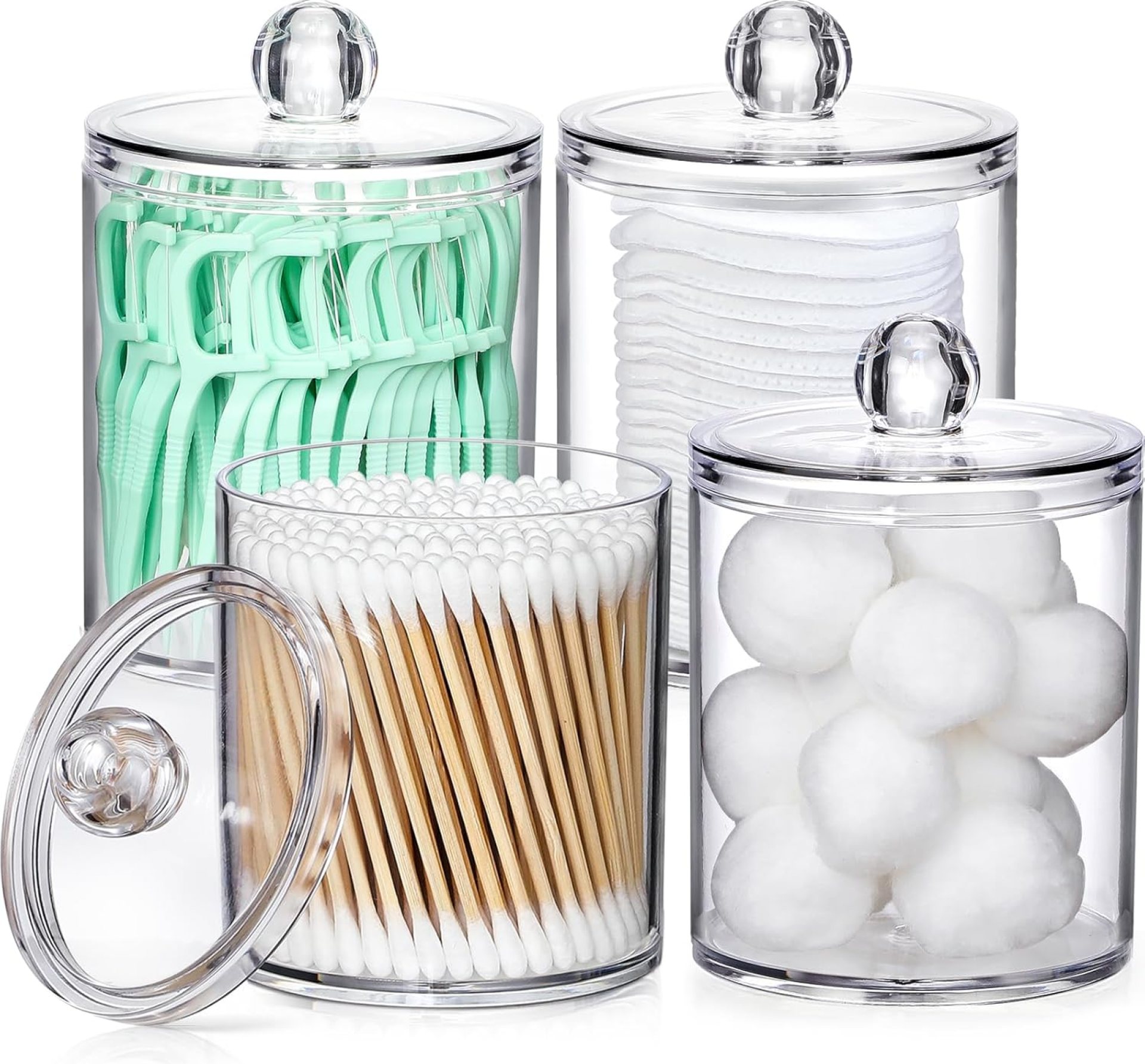 4 Pack Acrylic Qtip Holder Dispenser for Cotton Swabs, Balls, Pads, Floss Picks- Small Clear Plastic Canister Apothecary Jar Set, Rest room Necessities Equipment Decor, Self-importance Make-up Storage Organizer 4 Pack Acrylic Qtip Holder Dispenser for Cotton Swabs, Balls, Pads, Floss Picks- Small Clear Plastic Canister Apothecary Jar Set, Rest room Necessities Equipment Decor, Self-importance Make-up Storage Organizer