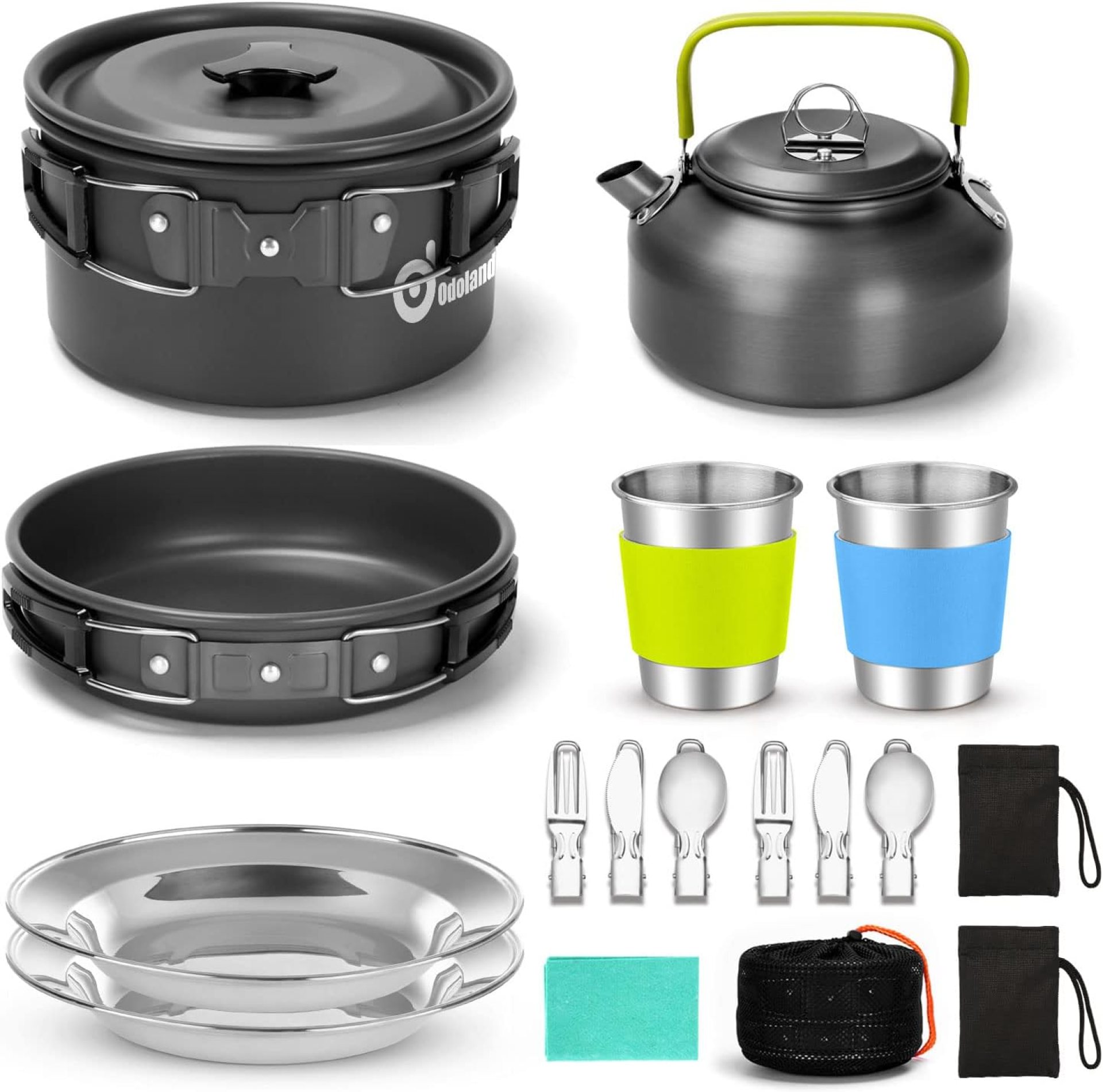 Odoland 15pcs Tenting Cookware Mess Package, Non-Stick Light-weight Pot Pan Kettle Set with Stainless Metal Cups Plates Forks Knives Spoons for Tenting, Backpacking, Outside Cooking and Picnic Odoland 15pcs Tenting Cookware Mess Package, Non-Stick Light-weight Pot Pan Kettle Set with Stainless Metal Cups Plates Forks Knives Spoons for Tenting, Backpacking, Outside Cooking and Picnic