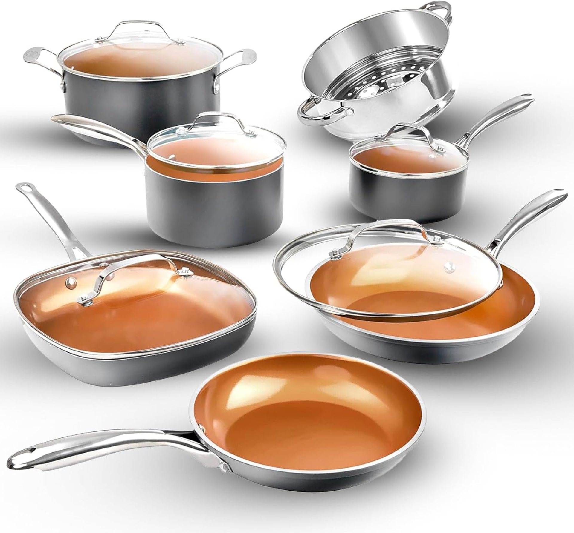 Gotham Metal 12 Computer Ceramic Pots and Pans Set Non Stick, Kitchen Cookware Units, Pot and Pan Set, Ceramic Cookware Set, Non Poisonous Cookware Set, Non Stick Pots and Pan Set, Oven Dishwasher Secure – Copper Gotham Metal 12 Computer Ceramic Pots and Pans Set Non Stick, Kitchen Cookware Units, Pot and Pan Set, Ceramic Cookware Set, Non Poisonous Cookware Set, Non Stick Pots and Pan Set, Oven Dishwasher Secure – Copper