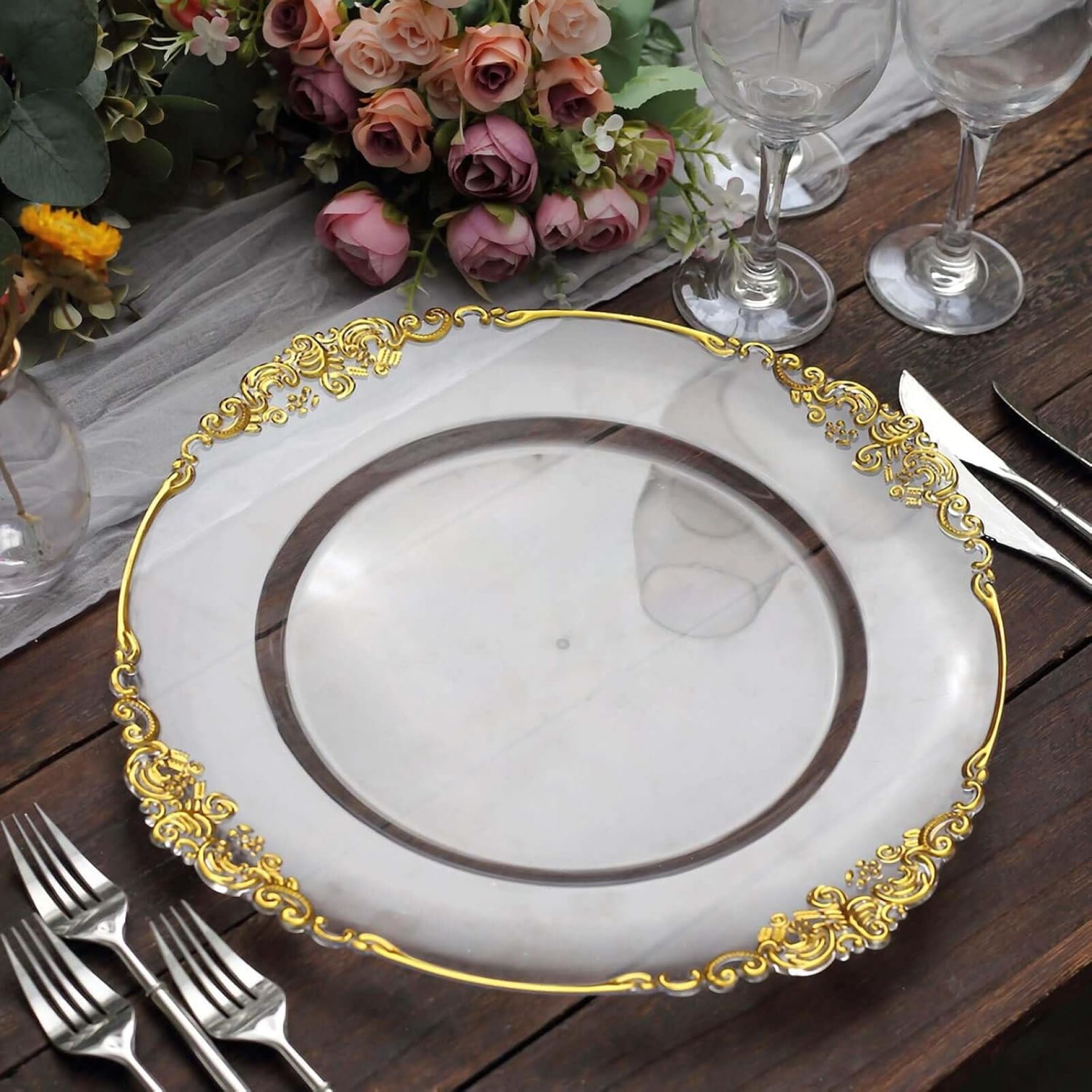 Efavormart 6 Pack Clear Gold 13″ Spherical Baroque Charger Plates Leaf Embossed Rim for Tabletop Decor Catering Occasion Ornament Efavormart 6 Pack Clear Gold 13″ Spherical Baroque Charger Plates Leaf Embossed Rim for Tabletop Decor Catering Occasion Ornament
